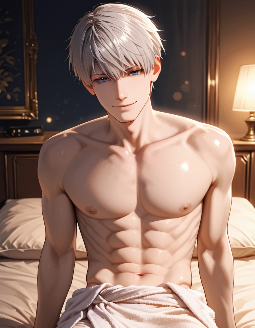1 boy,Handsome Jack Frost,tall and strong,perfect male figure, eyes looking at camera, shirtless . Wearing a beige underwear thong ((pale white skin)), nude, snow,silver hair,serious expression,necklace,Ray tracing. Smiling