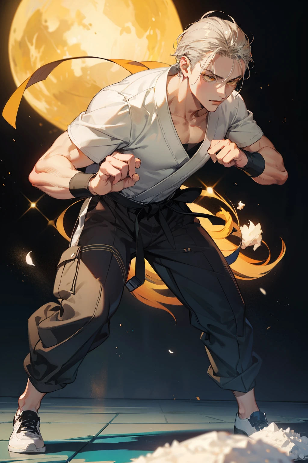 Realistic,PHOTOREALISTIC,HDR,ultra high definition,studio lighting,ultra detailed description,professional ,bright color,flour,One Punch Man,yellow eyes,gray hair,18 years old,man,177cm,black chewy polar that shows off the body,white dojo pants,Dojo strap,full body high definition,masterpiece,Extremely Detailed,Bokeh,golden eyes
Black chewy polar that reveals the full body