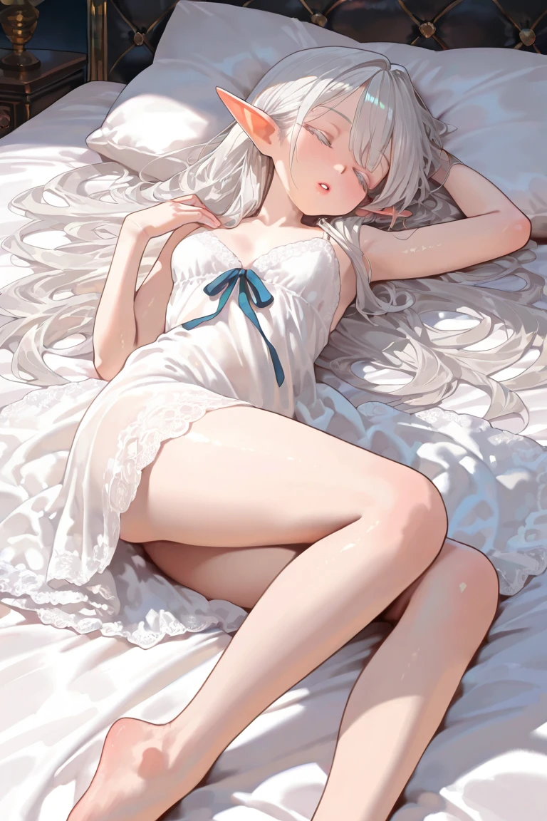 A girl with striking grey eyes, long grey hair, on her bed with her legs spread wide open touching herself, (best quality,4k,8k,highres,masterpiece:1.2),ultra-detailed,beautiful detailed eyes,