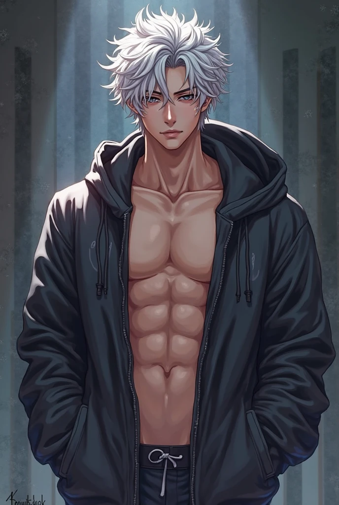 1 male, high resolution 8k, adult, handsome, perfect face detail, detailed eyes and face, clean shaved, sixpack realistic, white eyebrow hair, white eyelashes, dynamic lighting, unreal engine, hd picture, satoru gojo, Jujutsu kaisen, white hair, short hair ,hair between eyes ,blue eyes, white skin