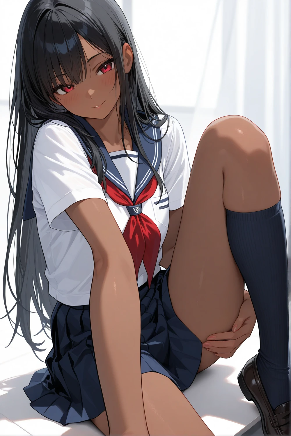 A 16-year-old female high school student with long black hair and wearing a school uniform squats down with tears in her eyes, opening her legs and showing her white panties.