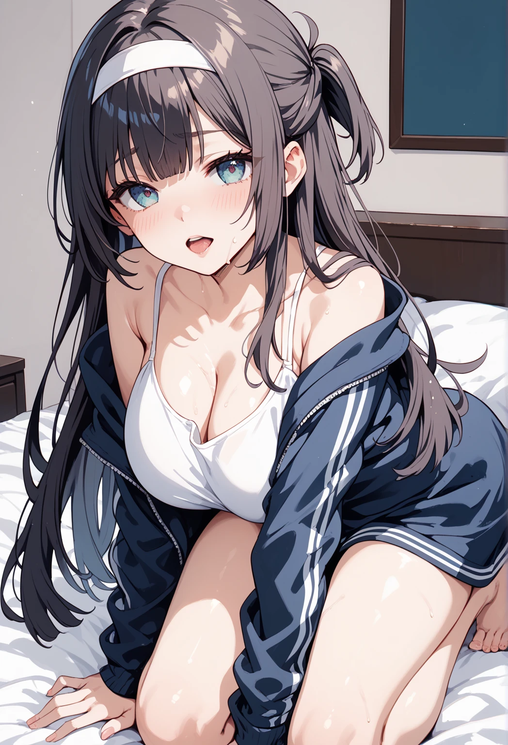 alone, good looking, 1. woman, Hime cut,Straight Long Hair, Black Hair, Red eyes＆Soft impression, Satoru Gojo ,hoodie,bra,Sexy,tits,skin,sexy,Embarrassing,White Background
