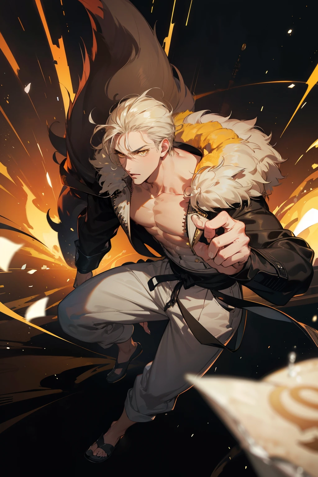 Realistic,PHOTOREALISTIC,HDR,ultra high definition,studio lighting,ultra detailed description,professional ,bright color,flour,One Punch Man,yellow eyes,gray, Hairy hair,18 years old,man,177cm,black chewy polar that reveals the body,white dojo pants,Dojo strap,full body high definition,masterpiece,Extremely Detailed,Bokeh,golden eyes
Black chewy polar that reveals the full body