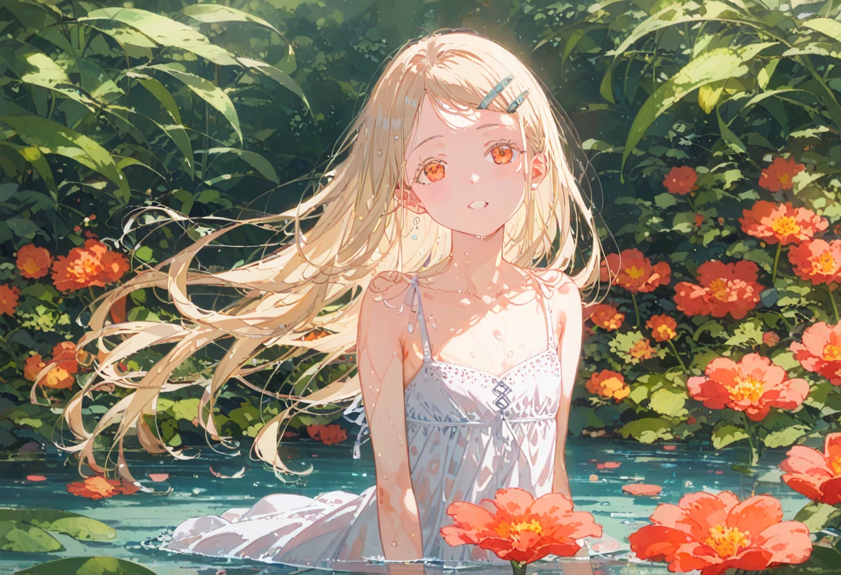 score_9,score,sauce_アニメ, Break 1 Girl, alone, shinosawa hiro, thin, Orange Eyes, White eyelashes, bionde, Long Hair, Hair Clip, , Flat Chest, slim, rib, Water Play, Dress Lift, wet, See-through silhouette, sunlight, light, bloom, Lens flare, dark, Cowboy Shot, From behind, Recall, (masterpiece:1.2, Highest quality), (Fine and beautiful eyes: 1.2), (Beautiful and dense face), (Sharp facial hair between the eyes)、Dynamic Pose Glossy Skin, Pale skin, Secret Realm, Small Lake, forest, Kneel on lake surface, Sunlight shadow, Depth of written boundary, close, close range