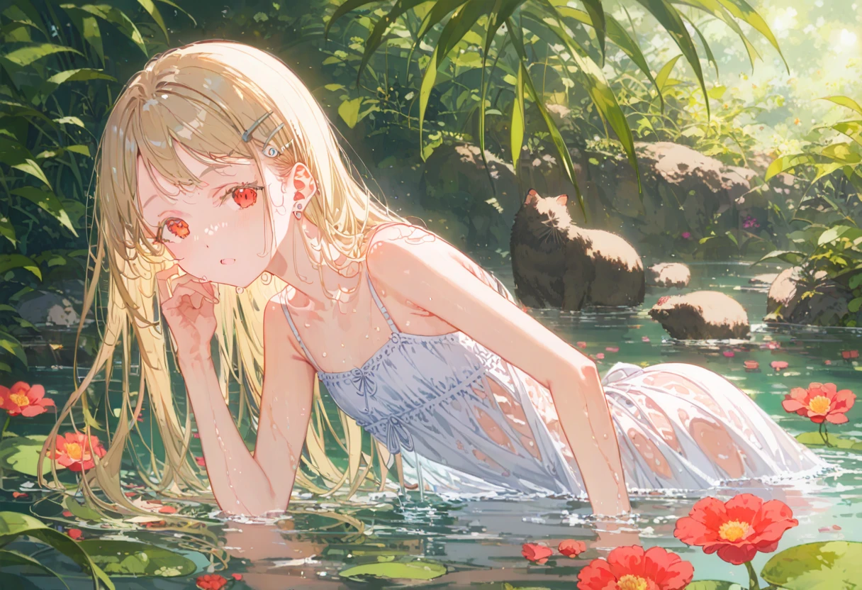 score_9,score,sauce_アニメ, Break 1 Girl, alone, shinosawa hiro, thin, Orange Eyes, White eyelashes, bionde, Long Hair, Hair Clip, , Flat Chest, slim, rib, Water Play, Dress Lift, wet, See-through silhouette, sunlight, light, bloom, Lens flare, dark, Cowboy Shot, From behind, Recall, (masterpiece:1.2, Highest quality), (Fine and beautiful eyes: 1.2), (Beautiful and dense face), (Sharp facial hair between the eyes)、Dynamic Pose Glossy Skin, Pale skin, Secret Realm, Small Lake, forest, Kneel on lake surface, Sunlight shadow, Depth of written boundary, close, close range