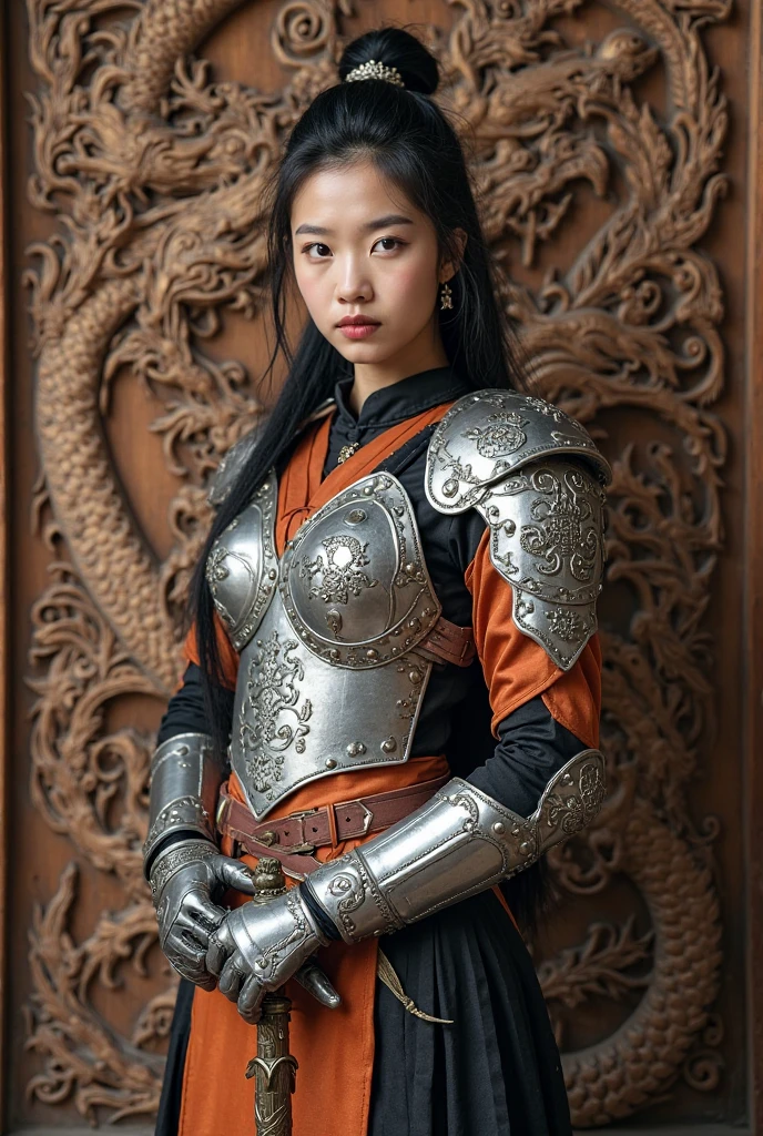 Artwork of sexy mongole asian warrior girl, nomade, steppe warrior, mongolian leather lamellar and fur armor, horse, braids, by Ken Mortensen
