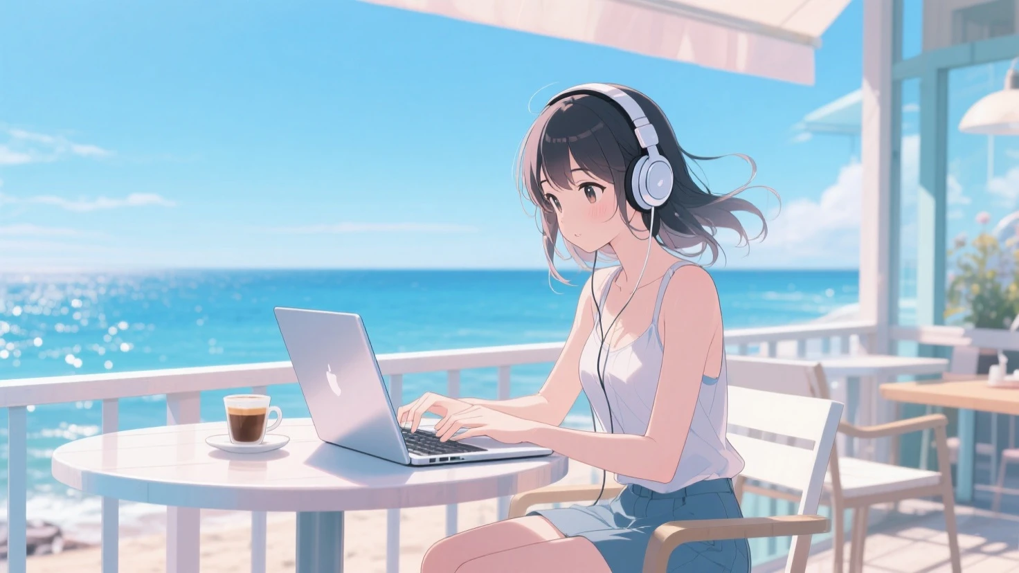 A girl is sitting in front of a laptop in a room。A laptop display shows several windows。She has pink headphones on her head.。You can see the profile。She is wearing a white camisole and blue shorts.。Outside the window is the summer sky、It's the sea。There is a bed and a white cat is sleeping。There is a retro electric fan。Please draw the fan blades clearly.。There are various photographs on the walls of the room.。The window was empty.、The wind is blowing。The girl's hair is fluttering slightly.。Please generate an anime-style illustration.。