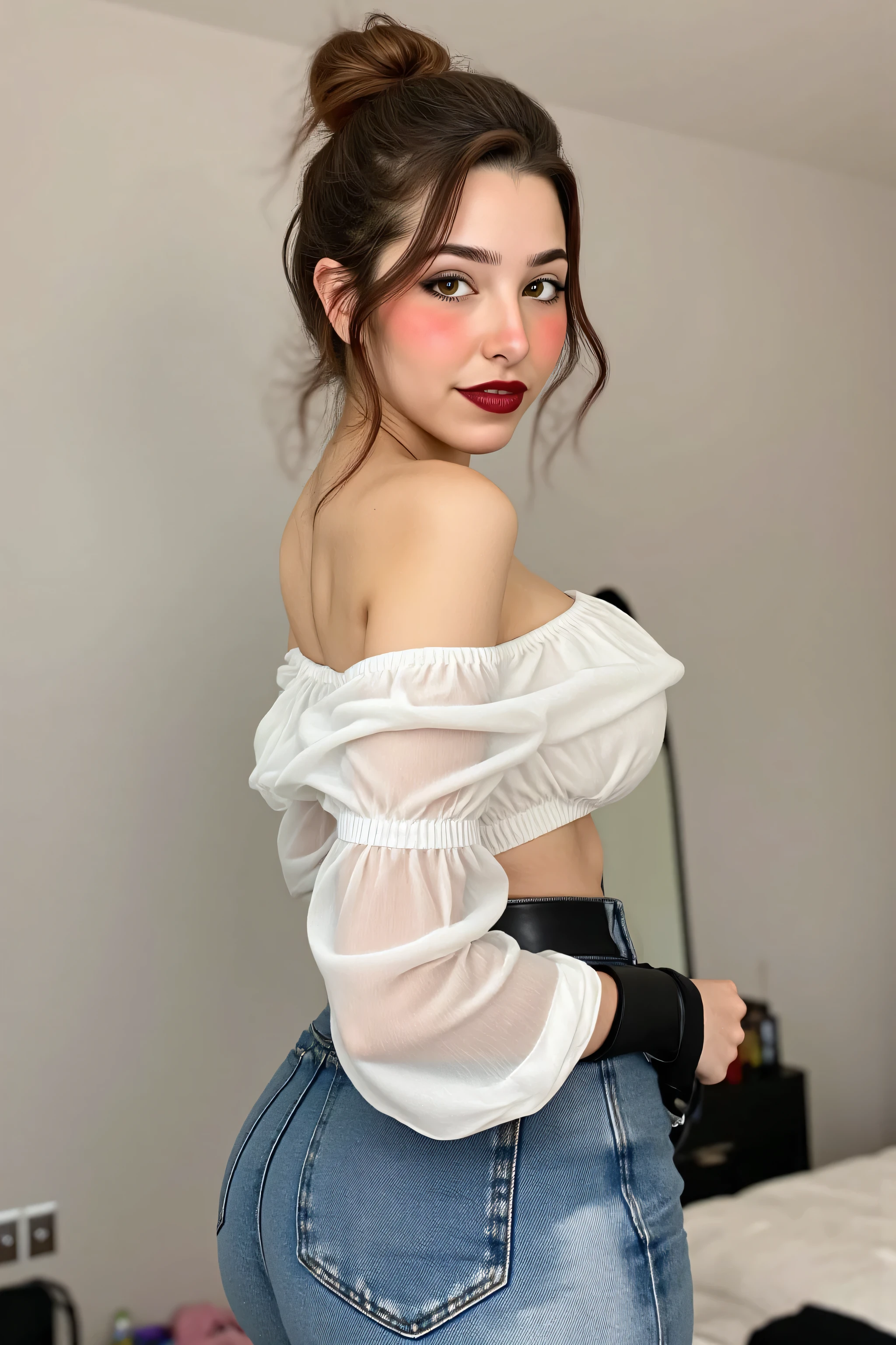 This is a photograph of a young woman with fair skin, brown hair in a messy bun, hair, face-framing hair strands, giving her a natural and messy look. Perfect round breasts, (medium breasts), cleavage, very slim waist, medium thighs, black lipstick, almond shaped light green eyes are accentuated with thick black eyelashes and dramatic makeup, with light blush. Wearing an long sleeved blouse and a jeans, wearing large black glasses, bedroom background, ultra realistic, super detailed, high quality. cleavage focus on the face , look at the camera, exposed breasts, close-up, cute smile, standing, view from side, bubble butt ,looking over shoulder,