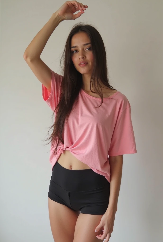 create for me a beautiful 18 year old Brazilian girl, hot and in jogger pants and a short blouse