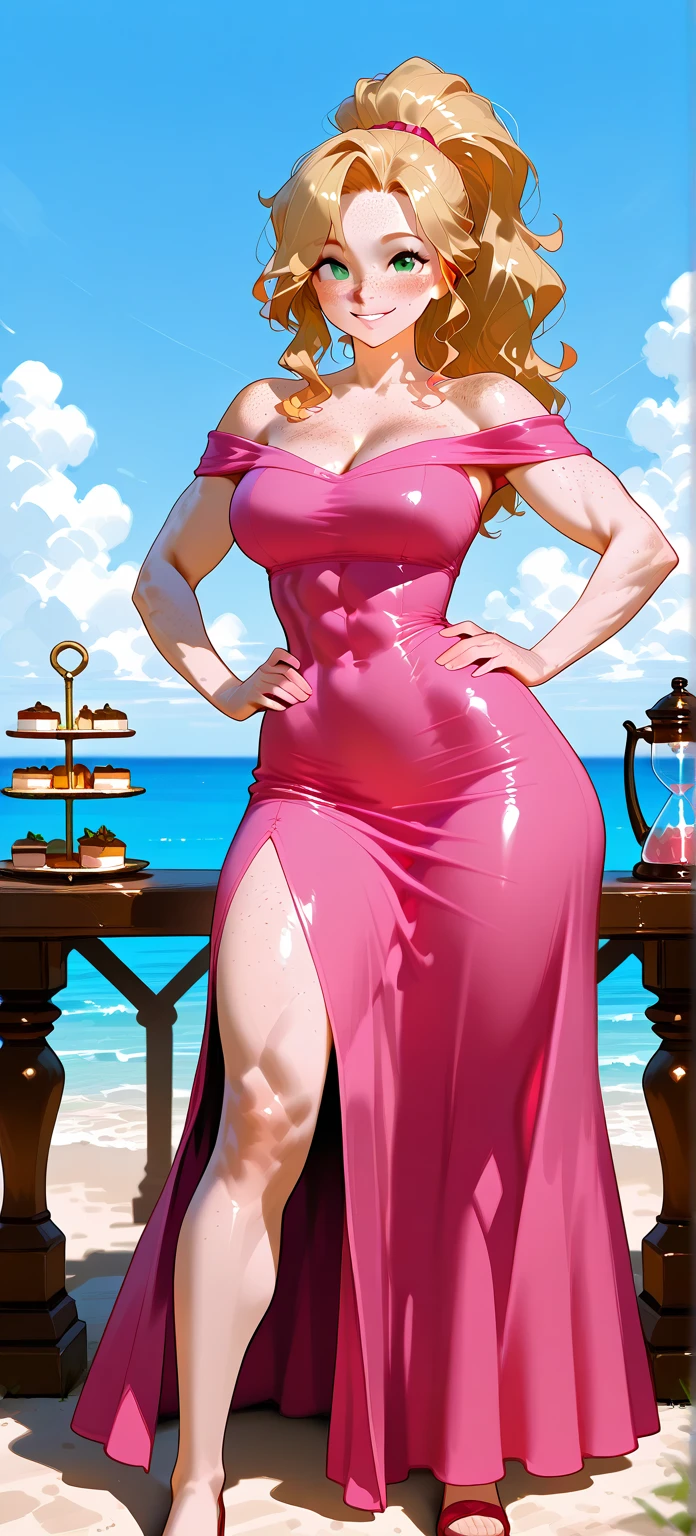 Jessica Rabbit, 27 years old, full body view Beautiful woman (((long wavy brunette hair, two side up with bangs))) defined body, voluptuous, sexy, Red lipstick, hands free, mouth slightly open, smiling, standing facing camera, ((( sparkling sequined strapless red dress ))), on the deck of a super yacht anchored near a tropical island, (large_breasts:1.4) (curvy:1.3)(chubby:1.0)