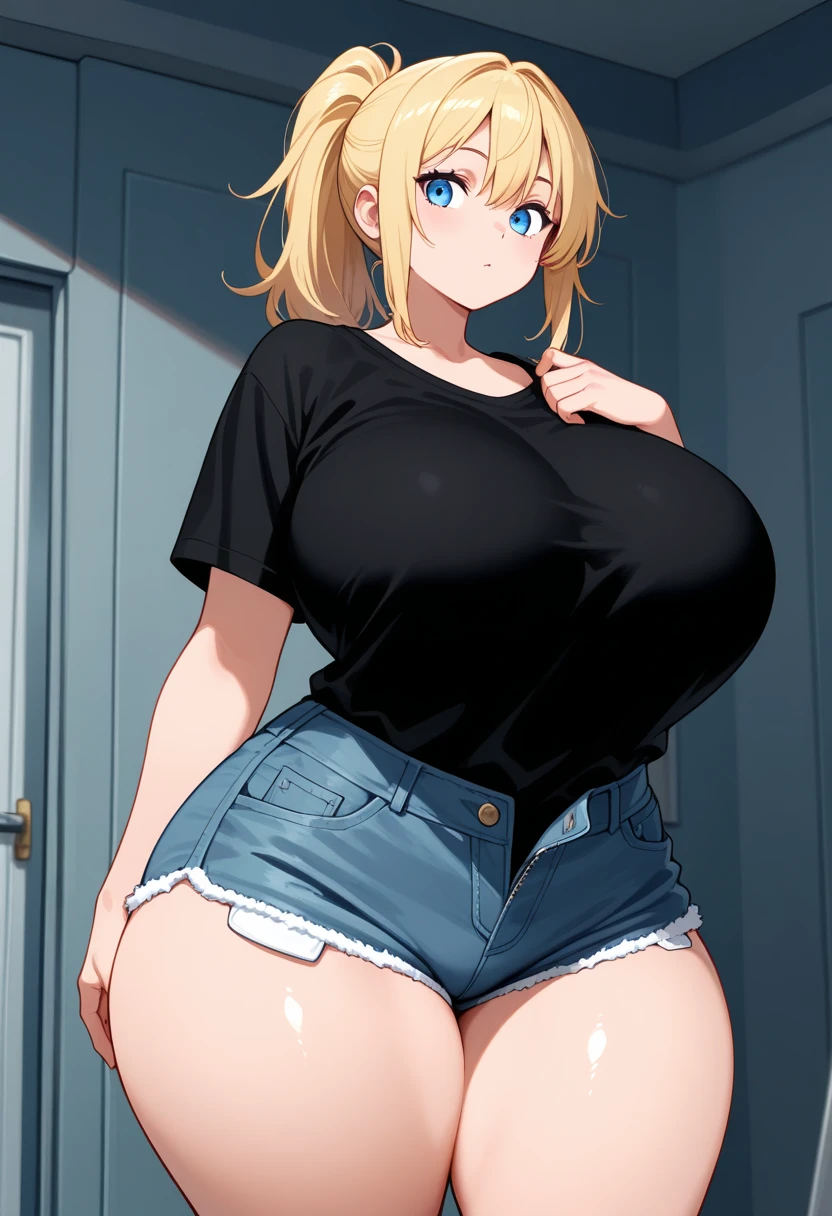 ((Masterpiece)), perfect anatomy, perfect shading, field of depth, (best quality), extremely delicate and beautiful, perfect lighting, detailed face, ultra cute face, cute, ((1girl)), ((solo))
short fluffy blonde hair, ponytail, blue eyes, ((blush)), nervous, looking at viewer, tank top, jeans, cleavage, large breasts, ((thick thighs)), (wide hips), chubby, breast grab
intricate background, detailed background, fast food restaurant,