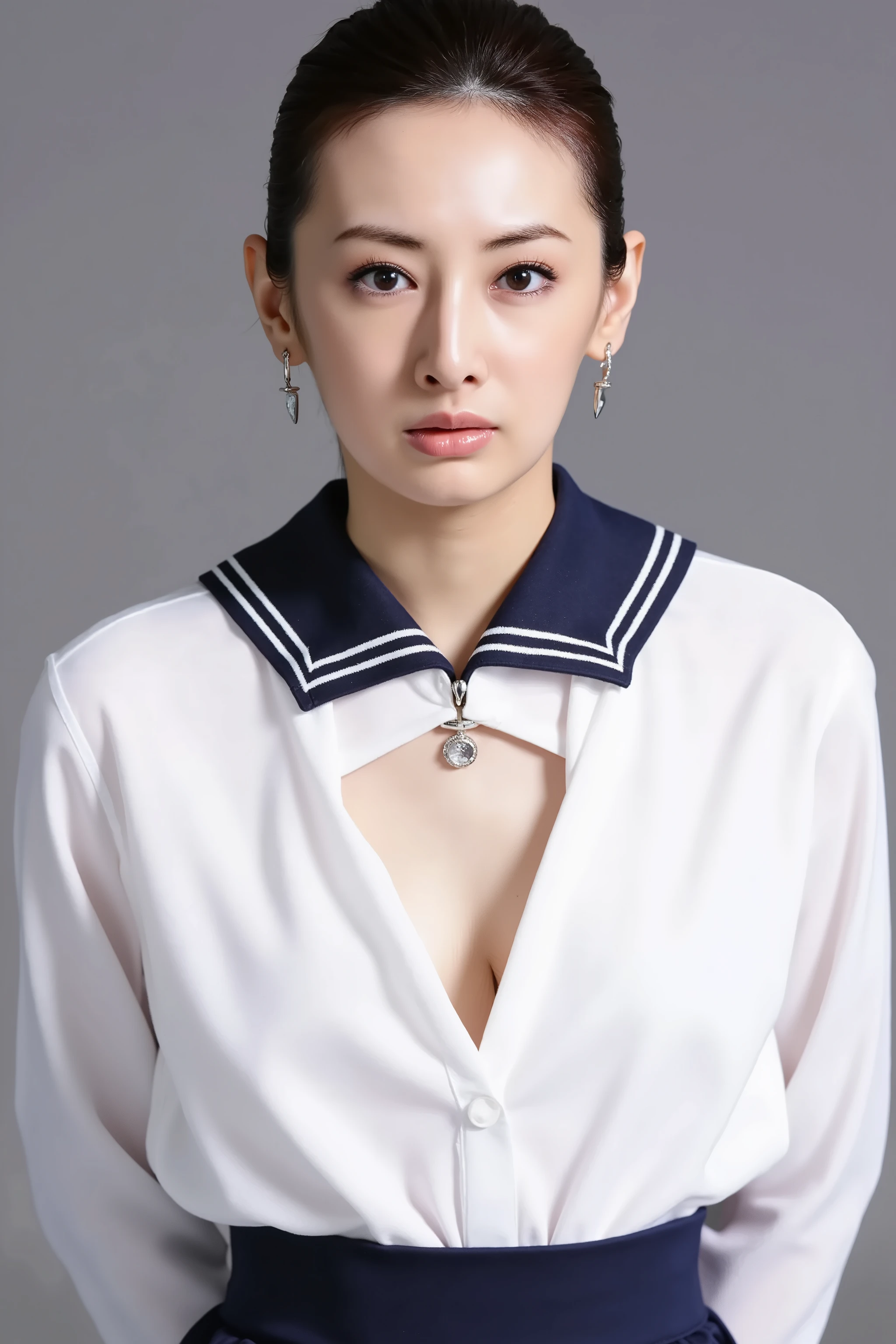 Facial close-up, A high resolution photograph of a Japanese adult woman, photo realistic, masterpiece, amazing quality, intricate details, professional lighting, simple background, photographed from the front, facing forward, upper body, looking at viewer, standing, arms behind back, She emphasizes her cleavage, black hair, ((huge breasts:1.5)), sailor suit , dark blue collar , white shirts with a large open chest area, sleeveless , cleavage cutout , dark blue skirt