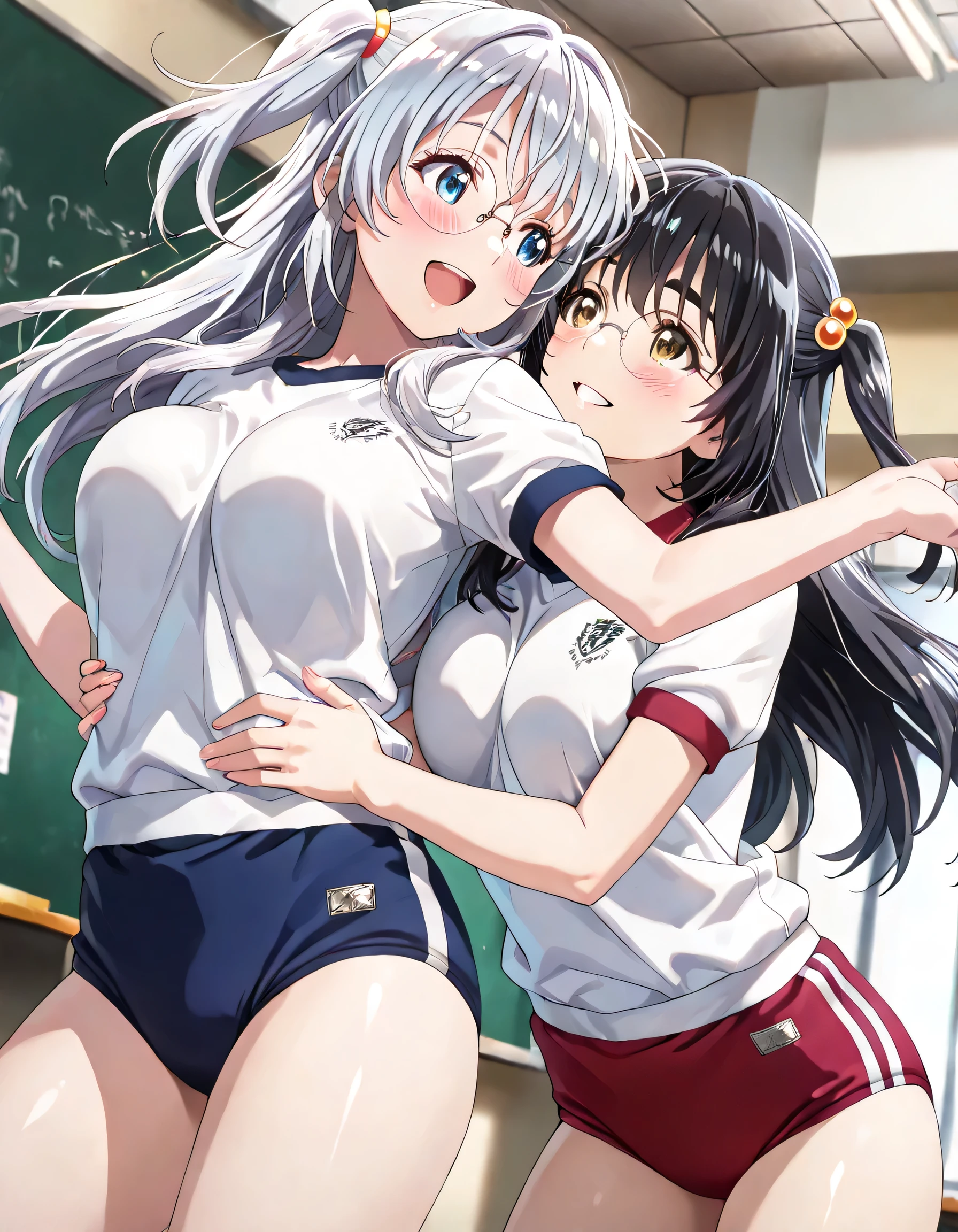 ((ultra-detailed)), (highly detailed CG illustration), (best quality:1.2), ultra-highly detailed, colorful composition, artistic photo, 2girls:1.3, Yuri:1.3, hug:1.3, short stature, pink cheek, blush, palepink lips:1.2, ample breasts, cowboy shot,BREAK
(girl A is Sena:1.2), thick eyebrows, half updo, sagging eyes, long hair, black hair:1.3, brown eyes, (wearing glasses:1.3), (round eyewear:1.3), half updo, gym uniform, red buruma, smile:1.3, happy:1.3, blush:1.2,eye contact, Marika and Sena are hug, BREAK
(girl B is Marika:1.2), blue eyes, sagging eyes, silver hair color, two side up, gym uniform, blue buruma, smile:1.3, happy:1.3, blush:1.2, eye contact, Marika and Barugo are hug, BREAK
standing in the school classroom, best quality, masterpiece, dynamic angle, joyful pose, dynamic pose, contrapposto pose, from front:1.3, expecting, portrait, depth of field, soft lighting, sidelighting, shine, lighting, caustics, ray tracing, perfect face, lustrous skin, highly detailed face, perfect face, perfect nose, perfect hair, perfect anatomy, beautiful hair, beautiful small face, extremely detailed face, beautiful clavicle, beautiful body, beautiful breasts, leavage, breasts squeezed together, equalize the size of the left and right breasts, beautiful thin thighs, beautiful legs, beautiful fingers, 4 fingers, 1 thumb, lovely, (very detailed background:1.0), (highly detailed background:1.0), summer aesthetic, intricate details, joyful atmosphere, summer colors palette, chromatic aberration