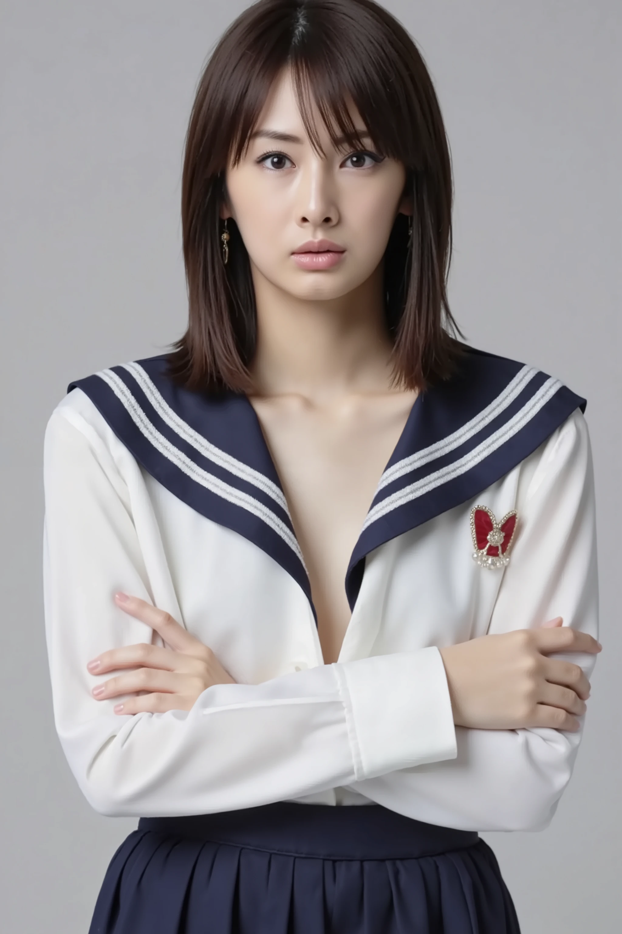 Facial close-up, A high resolution photograph of a Japanese adult woman, photo realistic, masterpiece, amazing quality, intricate details, professional lighting, simple background, photographed from the front, facing forward, upper body, looking at viewer,  standing,  arms behind back, She emphasizes her cleavage, black hair, ((huge breasts:1.5)),  sailor suit , dark blue collar , white shirts with a large open chest area, sleeveless , cleavage cutout , dark blue skirt 