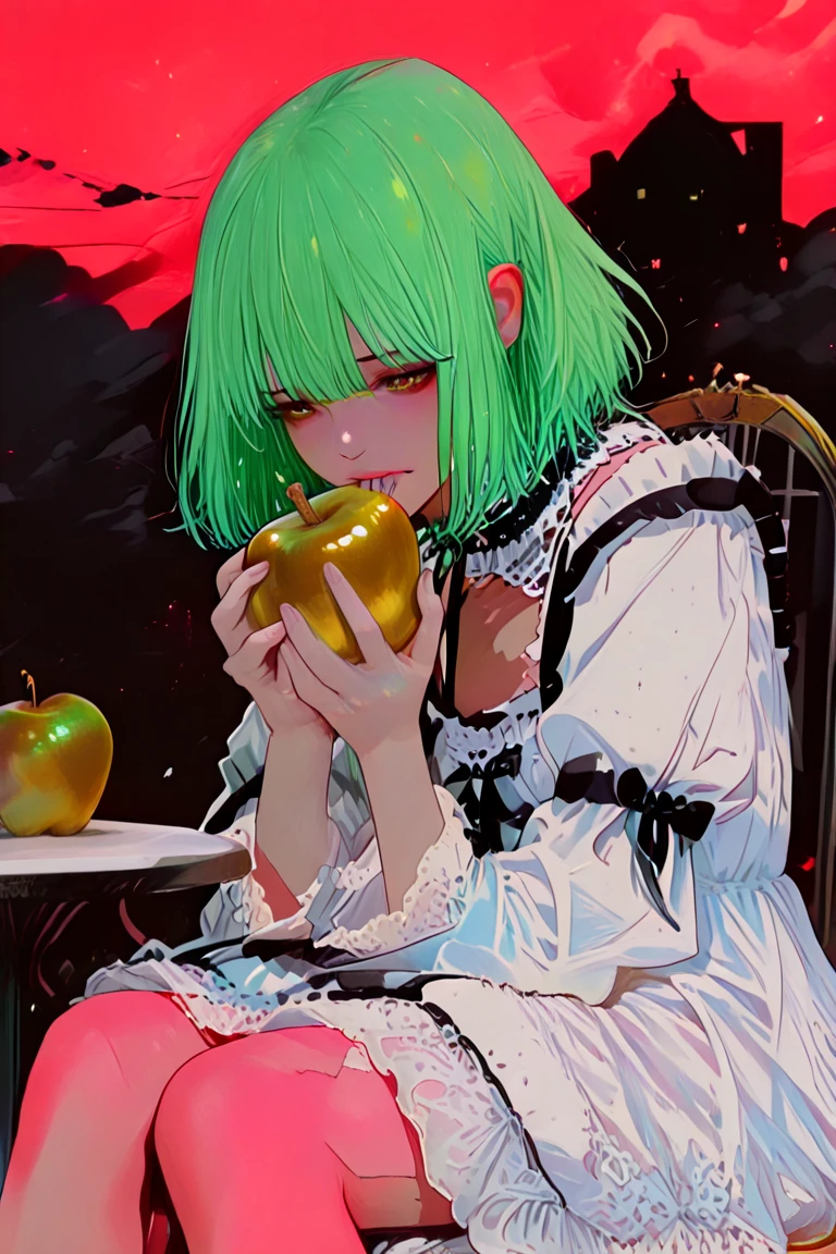 (blood sacrifice:1.5),(far profile:1.1),(emerald cup:1.2),(1 black demon),vomiting blood into the cup,1 beautiful girl and 1 black demon