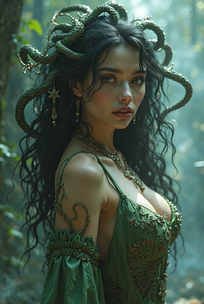 a girl with snake hair, with golden eyes, with a green dress  , with a smile, with a diamond tiara