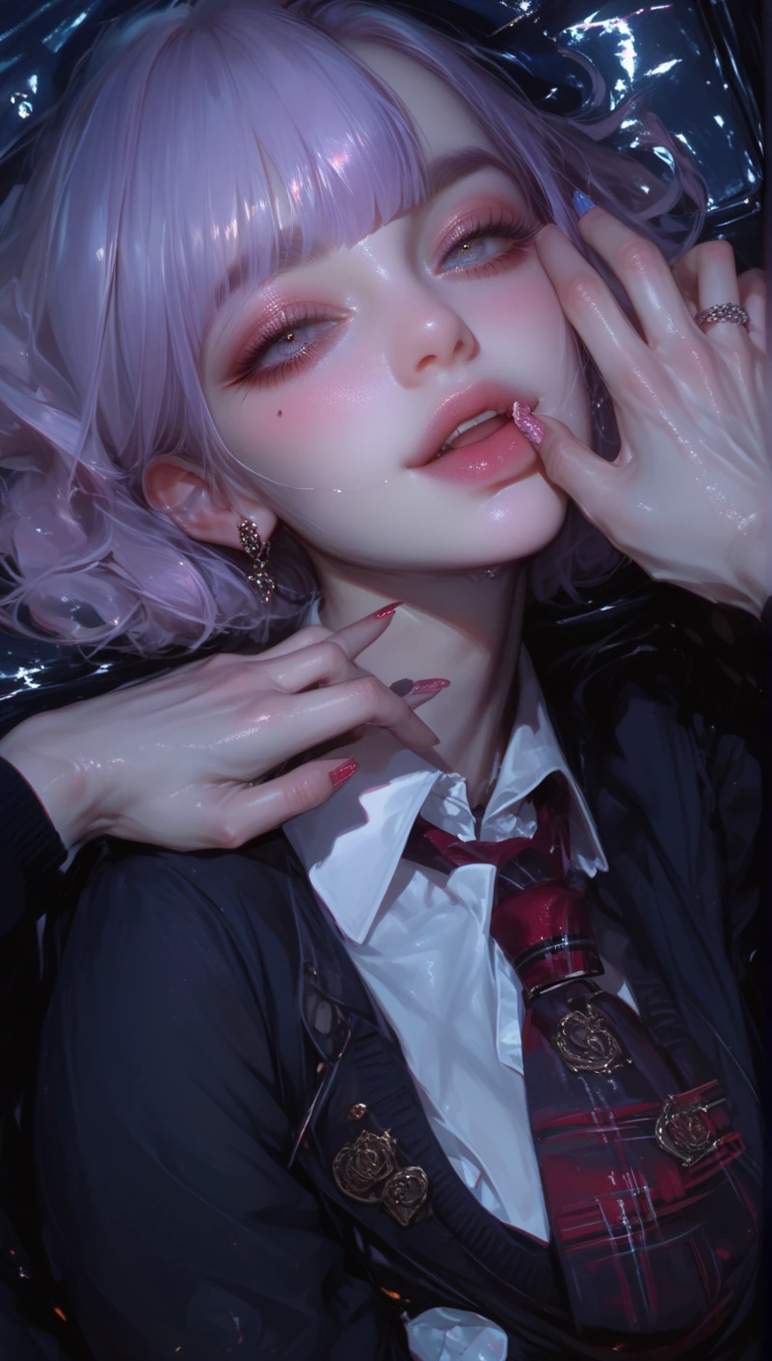 high quality, detailed,W-sitting,she is 13 years old and junior High school girl wearing very very wet and very transparent long sleeve white shirt and purple tie,purple plaid skirt,(bob hair,bob hair)(wearing black overknee socks),a mole under the eye,(tounge out,tounge out tounge out),(blushing:1.4),the whole body,(((cum on clothes:1.3))), (((cum on hair:1.3))), (((cum on face:1.3))),, ((((large amount of semen:1.3))))taken from the front,in the dark classroom,smile,