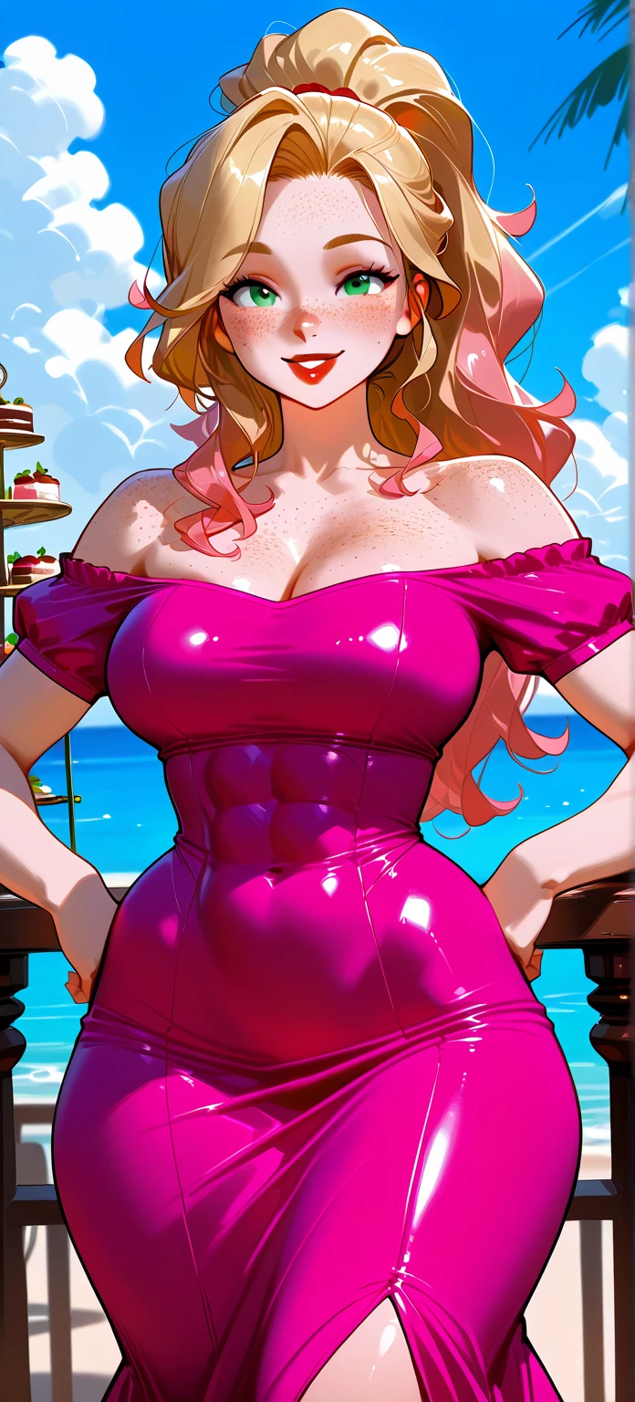 highres, masterpiece, perfect ligthing, bloom, cinematic lighting, adult, perfect skin, female, ((cowboy shot)), Hand on hip, smile, narrow waist, skinny, (PrincessPeach), (Princess Peach), (Pink Dress:1.2), choker, detailled eyes, blue eyes, choker, sensual, Beach boardwalk, pink lips, ((glossy lips)), pursed lips, pink pumps, glossy skin, oily skin, beautiful light, (day:1.3), bright,desnuda , culo , vagina , ano