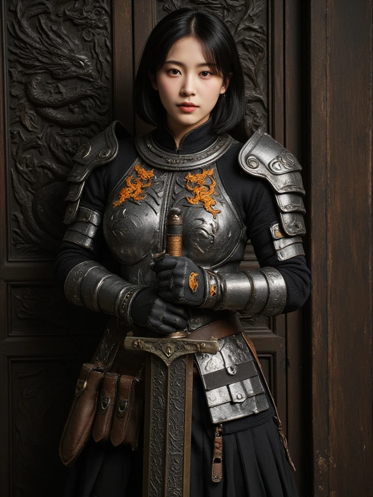 a close up of a female Knight with a sword and a panther tattoo on her arm, very beautiful cyberpunk Knight, a beautiful woman warrior, she is holding a long sword, beautiful female knight, beautiful character painting, chinese knight, knight girl, holding a long sword on her shoulder, japanese knight, female knight, ornate korean polearm behind her, cyberpunk knighthood