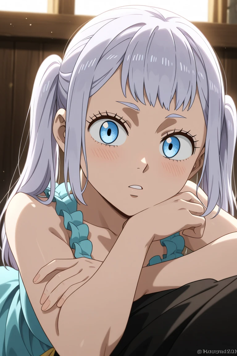 (highest quality, masterpiece),sexy,  erotic, 18+, Browsing Caution, One girl, 18-year-old, Contempt, pride, Long silver hair,Sparkling eyes, ((( panties))), ((Green Eyes)), ((Two ponytails)), White Dress