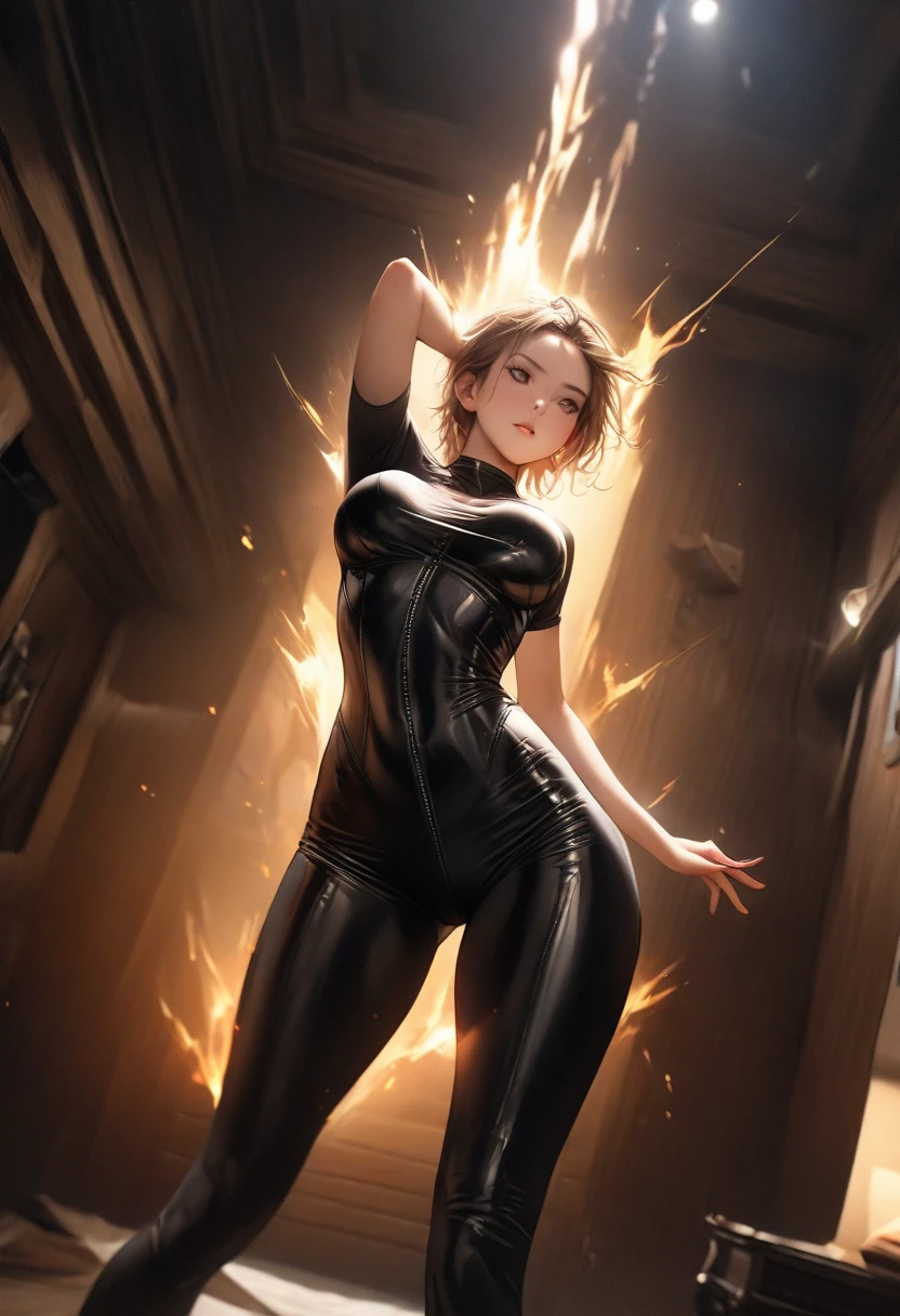 , 独奏, Wearing yellow tight fit transparent tights bodysuit、With a thin fabric that emphasizes smiling buttocks、Super close-up looking up from below、gymnast、masterpiece, top-quality, realisitic, ultra-detailliert, (shinny skin, Sweating: 1.4), Versatile sexy poses、Blonde short bob、Brown-eyed, slender, dynamic light and shadow, hight resolution, foco nítido, depth of fields, Narrow-eyed, Sharp pupils, Realistic pupils, (breasts are small: 1.6), (Thigh thickness: 1.0),Gymnastics Stadium