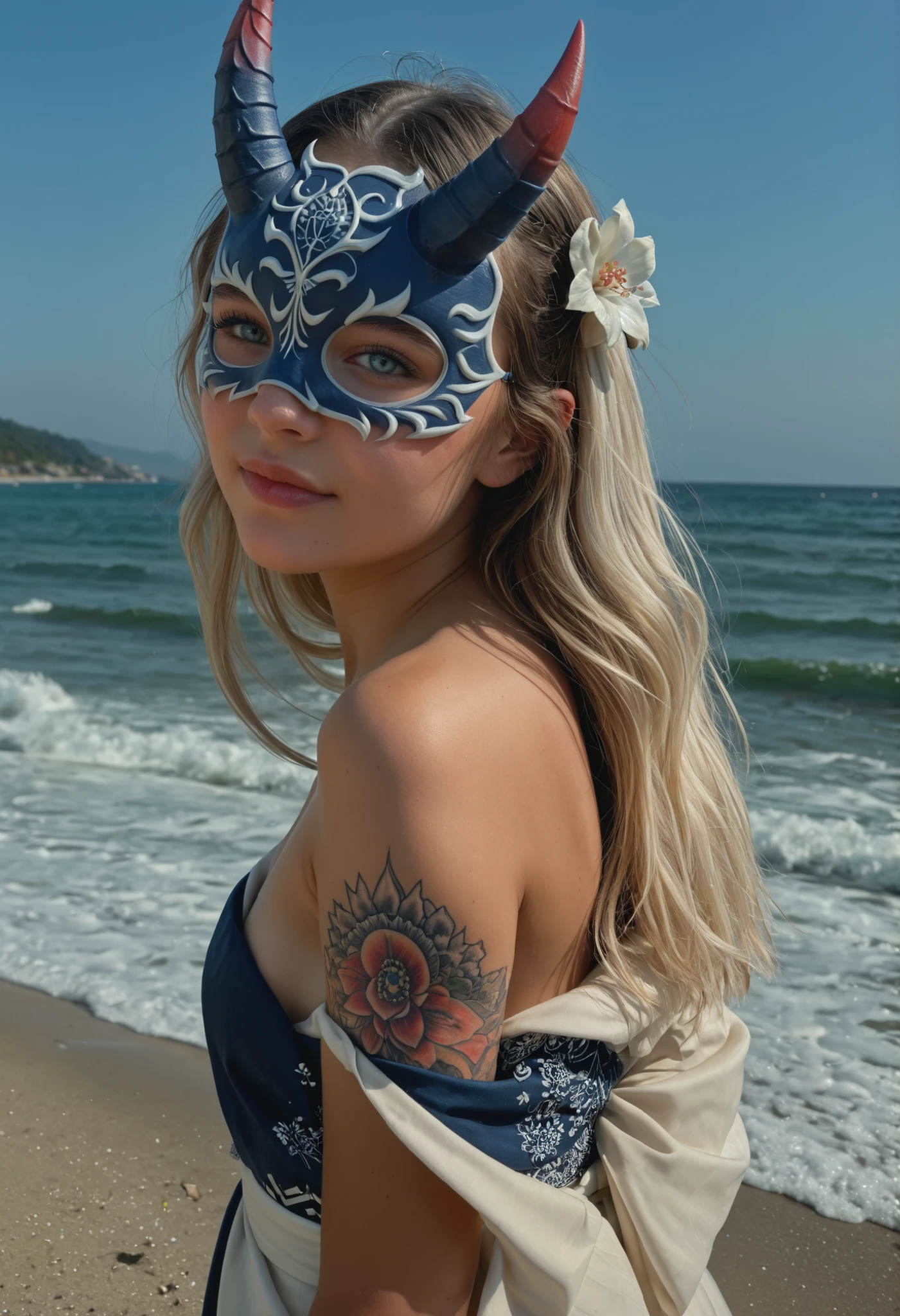 ,masterpiece, best quality, very detailed, score_9, score_8_up, score_7_up, score_6_up, natural white hair color, hair ornament (flower, blue, hair jewelry, pearl, and blue stone), solo, 18 years old, ( solo), outdoor, very , female, bright blue cat eyes, (fluffy cheeks: 0.4), (white lace dress), cute, cel-shading, fca style, beach, night, starry sky, wave, sea, (darkness: 1.5), backlight, (side view: 1.3), (upper body photo), looking back, looking at viewer, face turned 3/4 forward ,
fit body, dragon tattoos, oni horns, (short kimono, oni mask sideways on head, samurai sword), long eyelashes, long hair, small , , cleavage, blushing, beauty, (dragon in background), no panties, cleft of venusopenrope