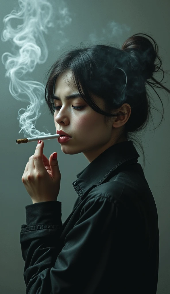 Young woman in black Versace dress shirt smoking a cigarette, black hair, caucasian, low angle photo shot from below of her, dim lighting, dark backround, cinematic, realistic photo
