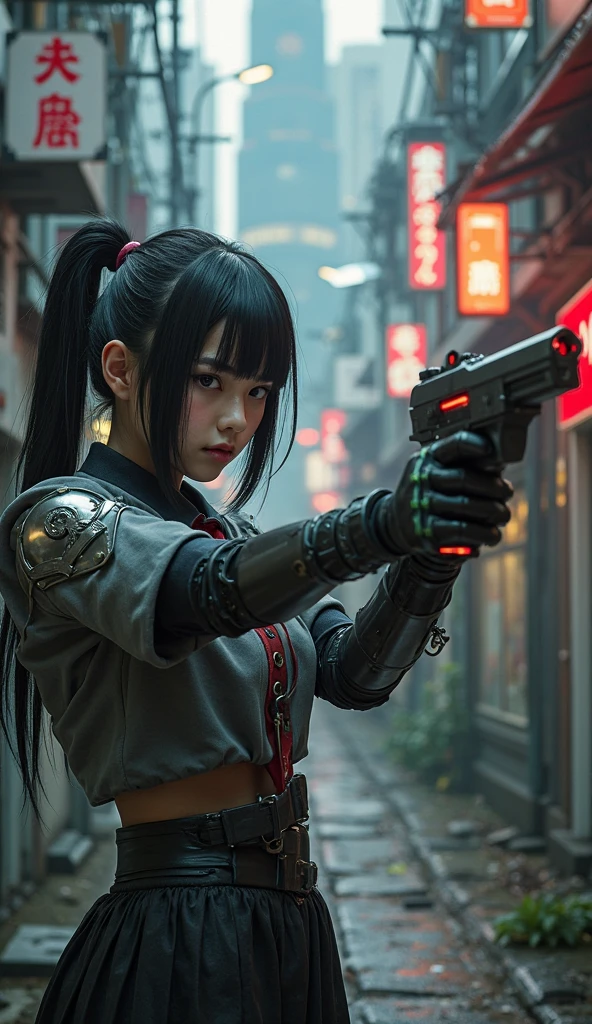 Living in a decadent world of the near future、Scottish fold kitten in combat uniform(White and Tiger、Folded ears)、Cyberpunk Fashion、blade runner worldview、Asian Skyscrapers、''((it's raining)、fog、(Realistic depiction)、Beautiful woman looking up at the sky from the ground