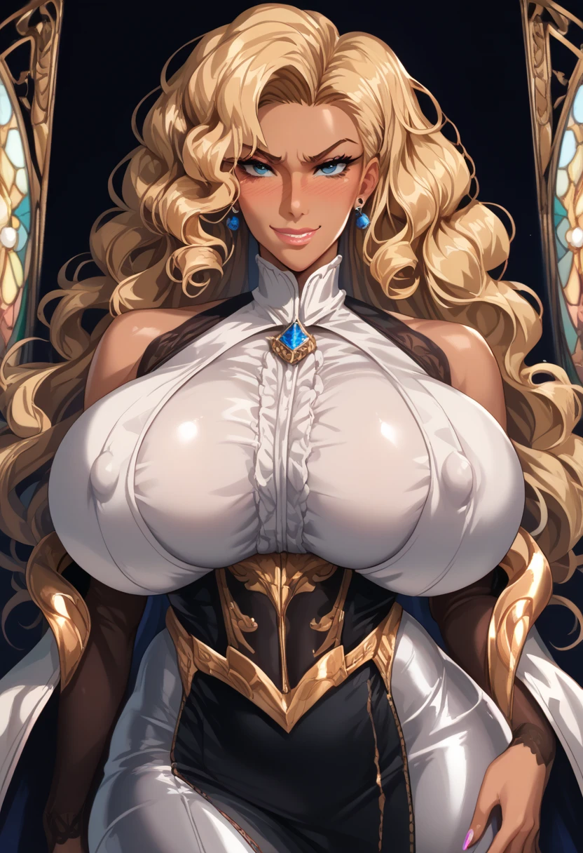 2 women aligned, (confrontation), (looking at viewer), jewel, gorgeous, splendid, luxurious, aristocrat, noble, arrogant, (golden), goddess, queen, curly hair, forehead, mature women, embroidery, white satin dress and gloves and cape, gleaming skin, sagging breasts, huge breasts, nagatiti, perfect eyes, (((face focus))), Simple Background, best quality, high resolution, all intricate,