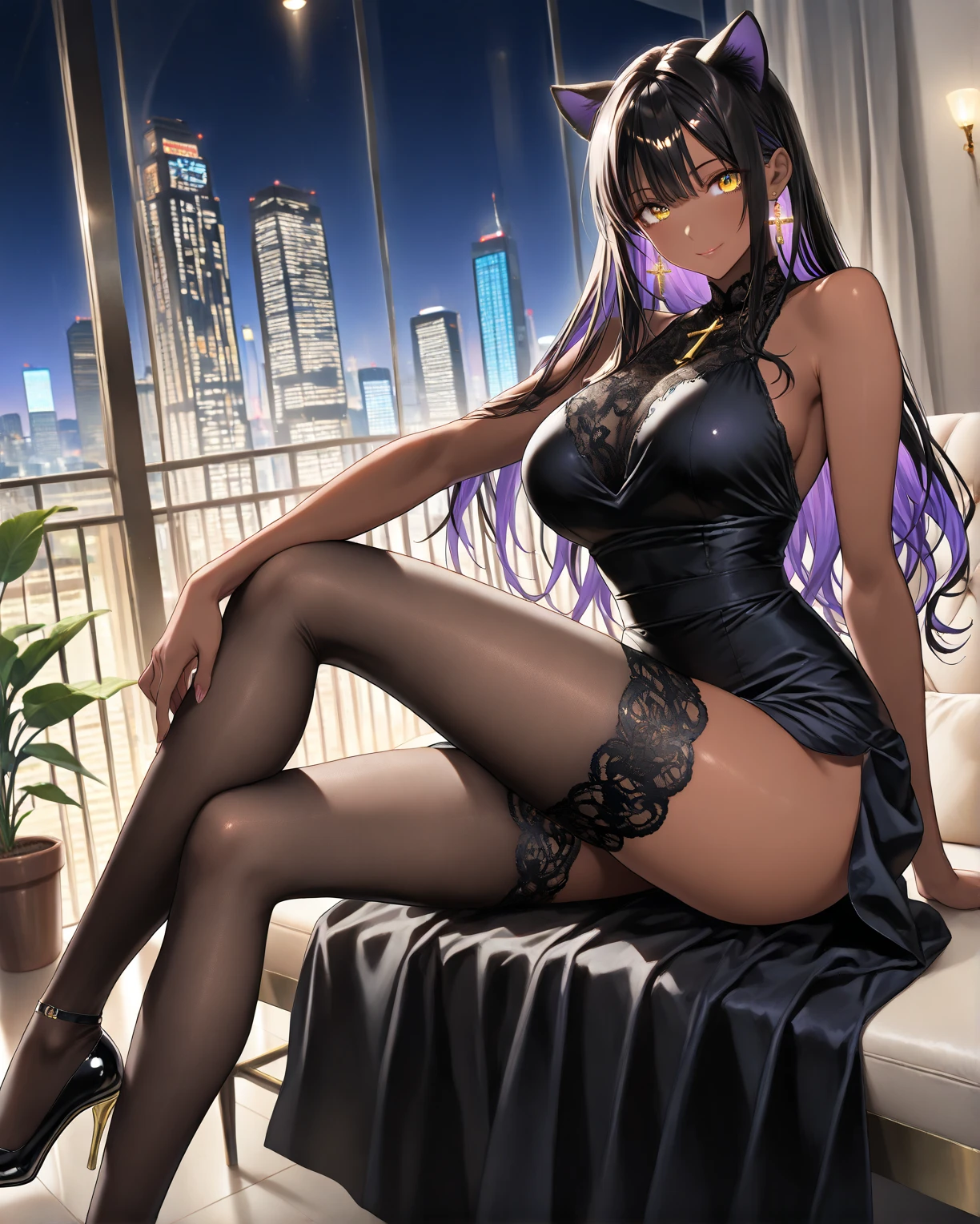 ((Anime illustration)) ,【1girl,1boy(men and women)】, 【kiss】and【tongue out(Tongue out)】,In a hotel bed on a moonlit night,Beautiful night view, 【nsfw】【1boy】【penis】,((Black-haired Cleopatra)),Beautiful black bikini,((Gorgeous big breasts shining)),Lace Top Stockings,Knee-high boots,garter belt,Long satin gloves,(Laughing with your fingers),Crossing your legs,Condescending look,Provocative pose,Sexy body