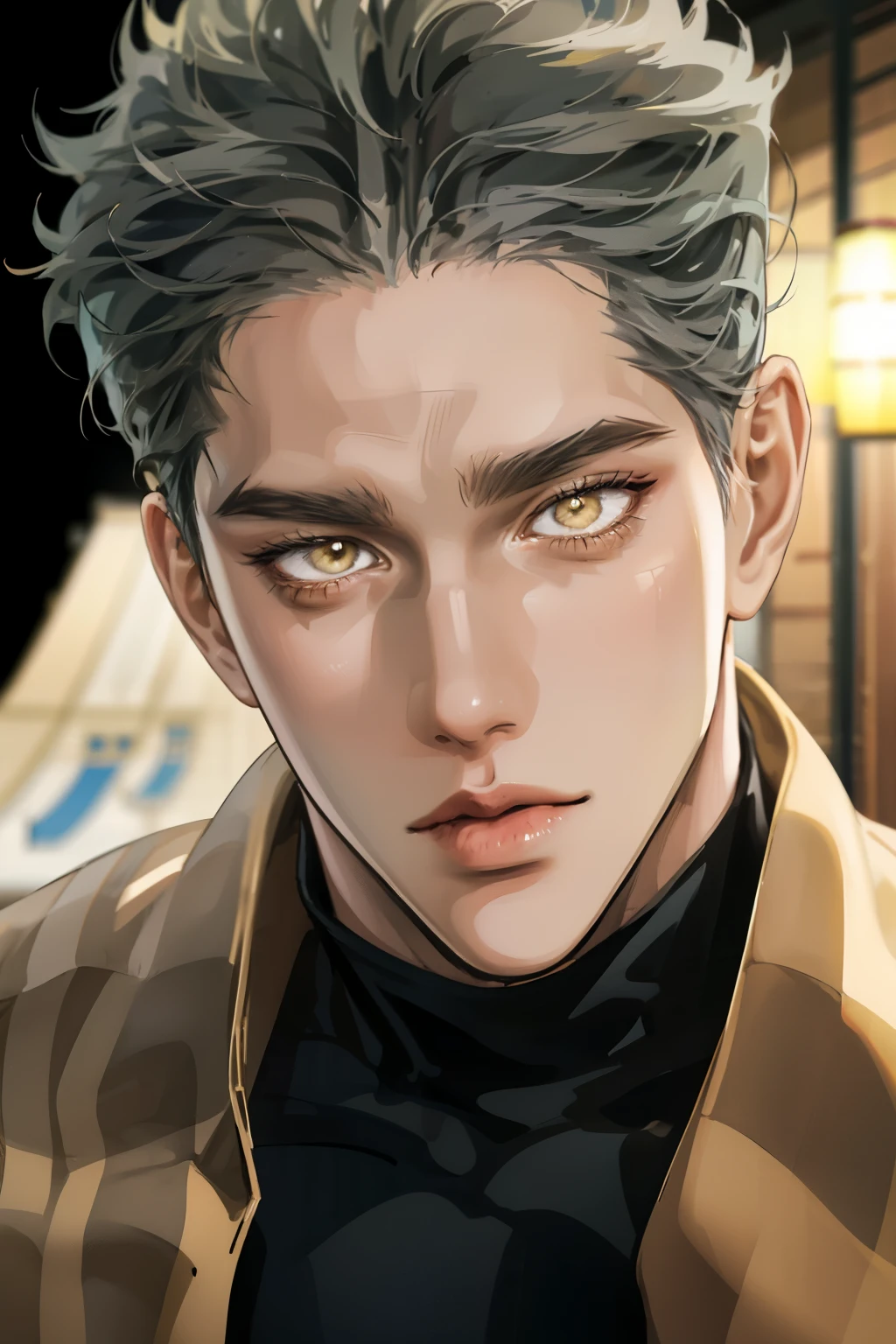Realistic,PHOTOREALISTIC,HDR,ultra high definition,studio lighting,ultra detailed description,professional ,bright color,flour,One Punch Man,yellow eyes,gray hair,18 years old,man,177cm,black chewy polar that reveals the body,white dojo pants,Dojo strap,full body high definition,masterpiece,Extremely Detailed,Bokeh,golden eyes
Black chewy polar that reveals the full body