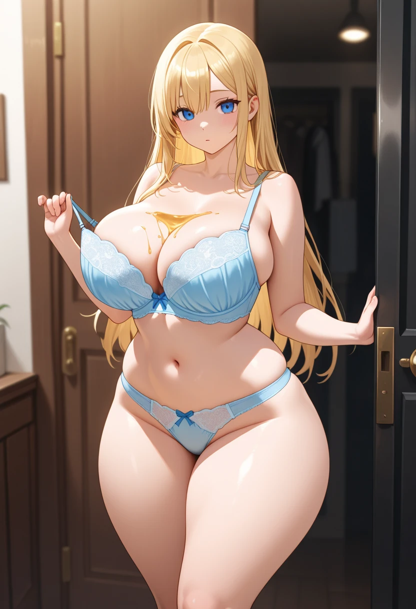 (masterpiece, best quality:1.2),illustration,high quality, ultra-detailed, ray tracing,perfect lighting, , 1girl, beautiful skin, beautiful girl,good hands,sharp focus,,,dynamic angle,[:(detailed face:1.2):0.2], (tsumugi kotobuki, long hair, blue eyes, blonde hair, thick eyebrows, , Erect nipples, huge breasts, , Bloated belly, obesity, Are fat, Sad expression, tears), beach, sunset, running, , bouncing stomach, 