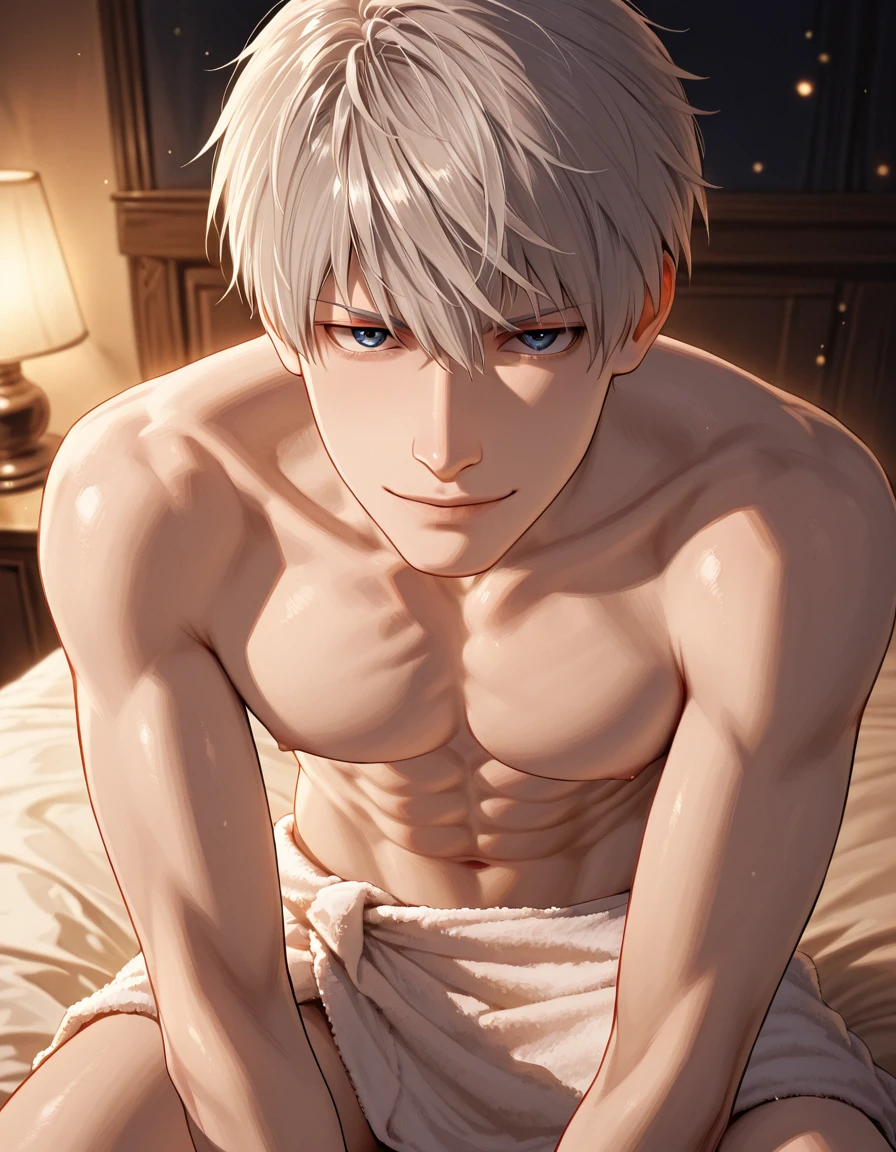 Anime guy about 16 without outerwear. Muscular with 6-pack abs and back. With white hair. Lying on the bed.