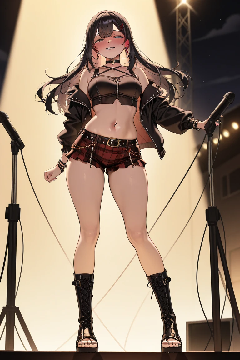 A beautiful adult woman with long, shoulder-length hair, big breasts, beautiful legs, and a sharp face is wearing a black tube top that exposes her navel and hot pants shaped like black panties, with her legs spread, holding a microphone and singing on stage. standing at。