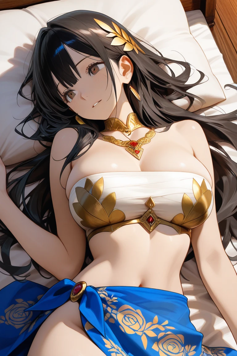 Highest quality, masterpiece, Ultra-high resolution, female、Big Breasts、Beautiful Princess、Lying on your back in bed、Beautiful dress、Clothing Sex Immediately After、Unfocused hollow eyes、Drooping eyebrows、Convulsing with back arched、Having a full-blown seizure