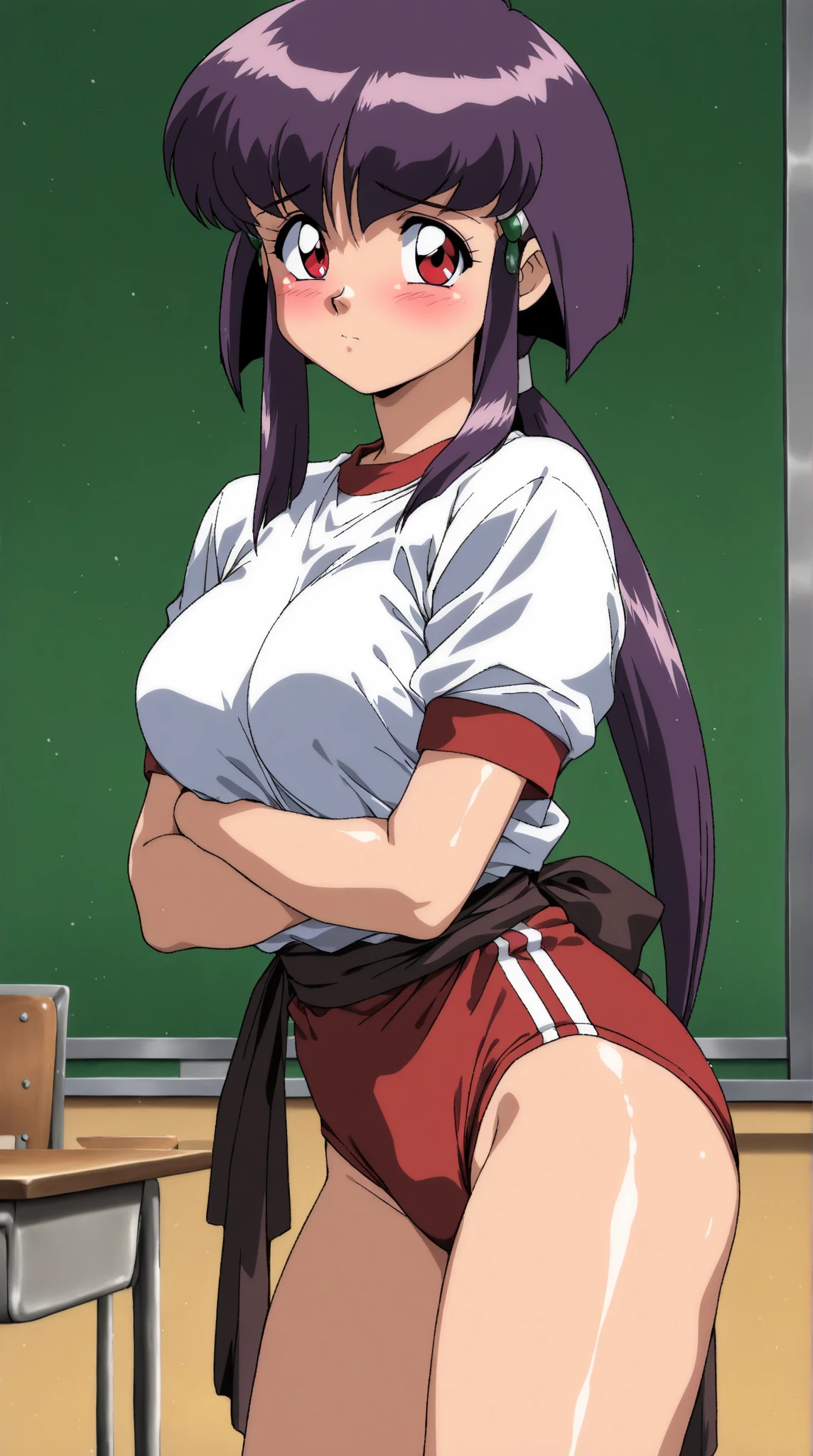 sakaki ryouko, masterpiece, best quality, highres, solo, volleyball uniform, standing, cowboy shot, smile, hand on hip, anime. skins, sweating, big breasts, both hands raised, armpits, armpits visible, dripping with sweat, more more sweat, sweaty armpits.