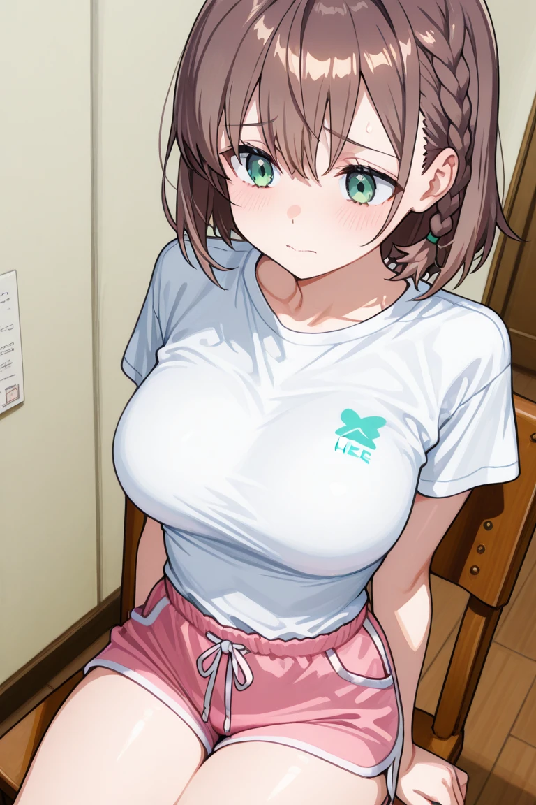 ((Girl having intense vaginal sex with man:1.3)), Anime One Girl, Haruka Pokemon, Brown Hair, short hair, Blue eyes, Big Breasts, Chest cleavage, Bounce, Thighs, indoor, 32K,Super detailed,Ultra-detailed, White gym clothes,Navy Blue Bloomers, Black knee socks, My chest is shaking wildly, whole body, , {{A Pokemon trainer sees ハルカ passing by and has Metamon transform into an adult ハルカ and engage in intense vaginal sex with her.}}, Intense piston movement between a man's legs, NSFW
