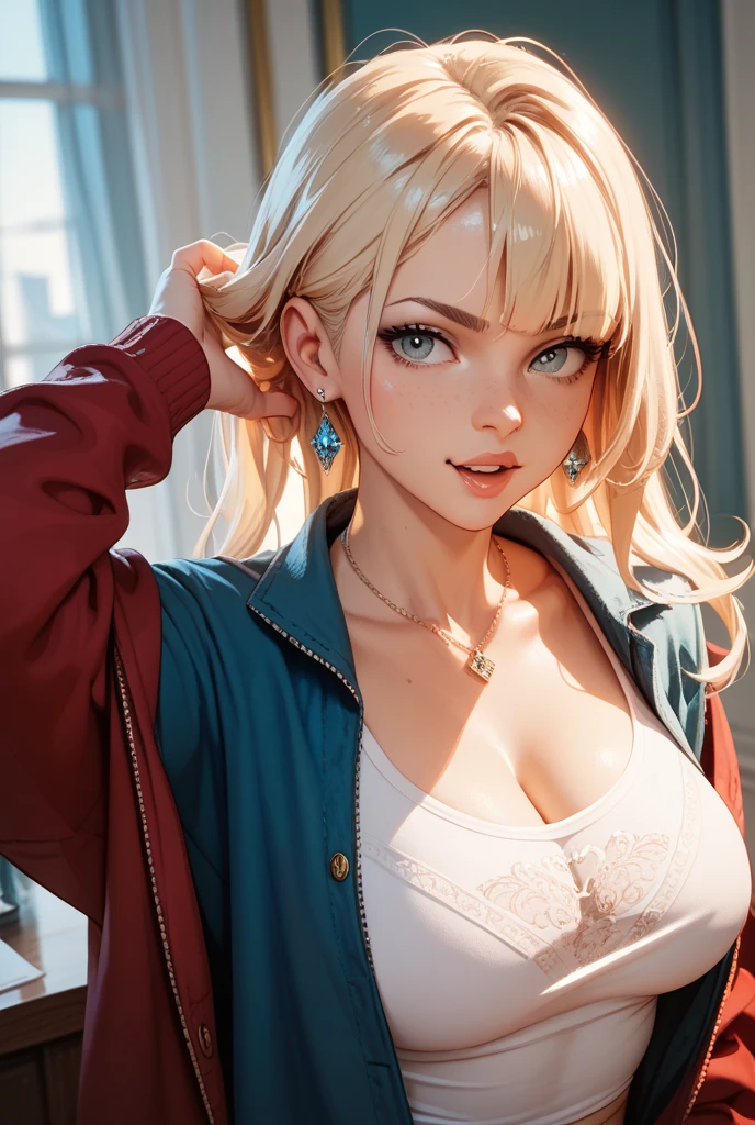 upper body, 1girl, (AngelMs:1.4), large breasts, panties, midriff, facing side, looking at viewer, (cleavage), cropped jacket