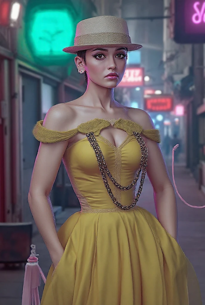 Créer une image de haute qualité 16k, photo réaliste, vu de très haut, presque vole d'avion, avec une femme, Jenna Ortega, habillée avec une robe jaune royal très longue épaisse détrempée donnant l'impression d'un mouvement arrêté dans le temps se déplaçant subtilement avec le mouvement de ses pas, volant au vent, ouverte sur les cuisses, des bottes style Doc Martens rose et lacet noir, un décolleté en "V" faisant apparaître ses seins, elle est coiffée de couettes longue tombant sur les épaules et sa chevelure est brune avec des meche bordeaux, elle porte sur la tête un chapeau haut de forme vert et violet, ornementé. Elle a un regard menaçant., malicieux, les yeux vert perçant. L'un de ses pieds est légèrement avancé, comme si elle était en train de faire un pas en avant vers la camera. Le temps humide, Pluie forte, le corps de la femme mouillé comme ses cheveux. elle se trouve dans une rue de la Nouvelle Orléans, des inconnus se promènes autour de Jenna Ortega ,il fait nuit, elle est illuminé uniquement par des lampadaire a la lumière vibrante teintée de jaune et d'orangé. L'ensemble de la scène capture un moment de puissance, de détermination et de peur.