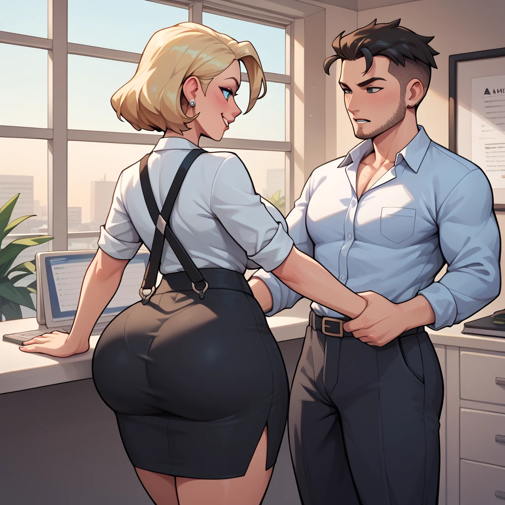 High resolution, view through a camera lens, mature white girl, ((bimbo))), long blonde, ponytail, wide hips, thick thighs, hourglass figure, small round breast, huge ass, Brazilian butt lift, (wearing a tight black dress), (((standing next to a man in a business suite behind a desk))), (((man's hand is on her hip)))