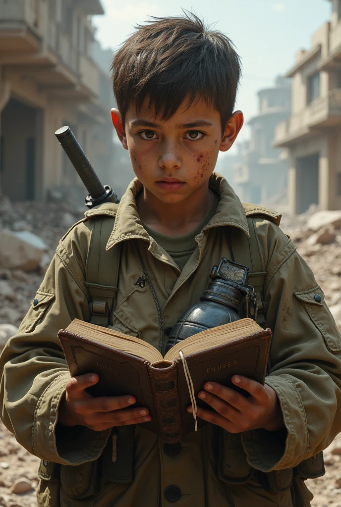 A war-torn boy，Loved ones who lost their lives in the ashes of war in the Middle East，Holding a worn-out book in his hand，The clothes were tattered，Ruins of war，be desperate，Tragic，(Ultra-detailed description of facial pain and hopelessness:1.2),Real Human，Ultra photo realsisim，hyper realisitc，rendering by octane。Finer body structure，close-up all over the body，（Ultra-real teardrops），Holding a battered car。（50mm focal length shooting:1.1）(War correspondent perspective:1.1)，hunger