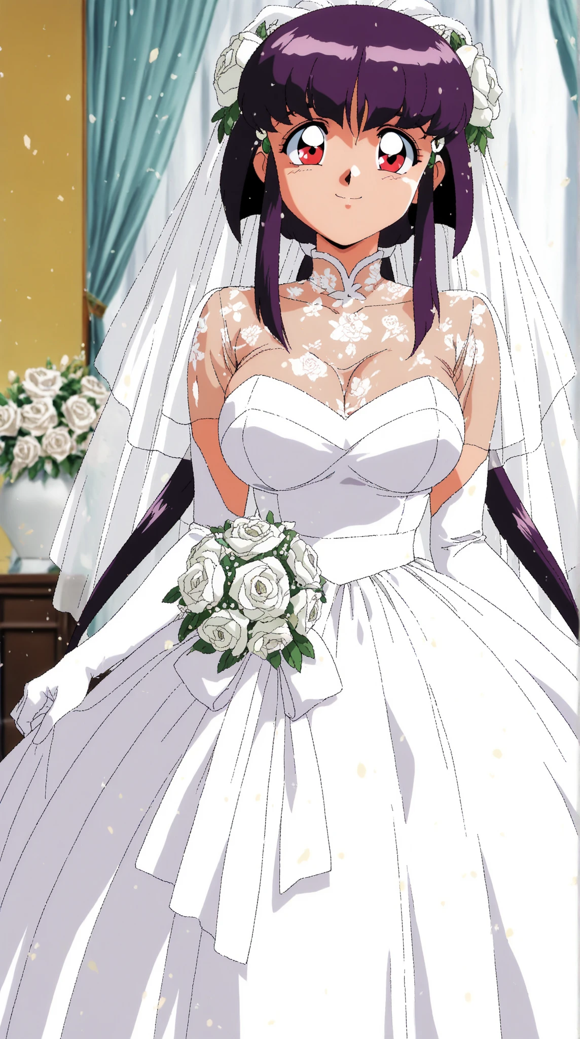 (((Perfect picture))), (ridiculous), 1 girl, alone, Naboral Gamma,black hair, ponytail,Gurwitz,pillory,Head flail,hand flail,flail,(bridal veil:1.5),(short sheer veil:1.5),Blushing face,Head flower,headgear,(tube top wedding dress:1.5),(Silk dress:1.2),(Strapless wedding dress:1.5),Bouquet,pure white dress,necklace,earrings,(large breasts:1.3),Deep V peach heart collar wedding dress,Bangs,lipstick,(lace gloves:1.3),Bust photo,High detail RAW color art,Tyndall phenomenon