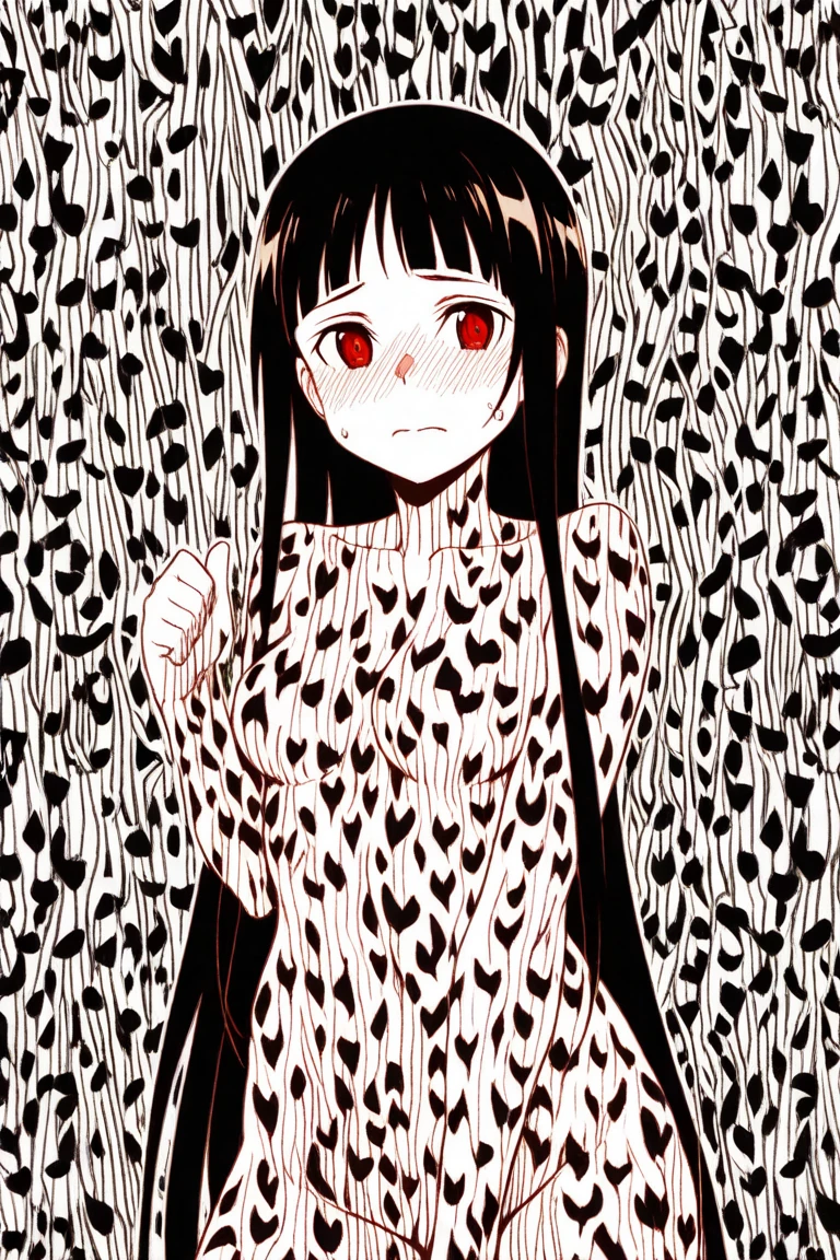 Black and white stick figure 1 girl with flowers, lots of flowers in background, in dress with flowers, its fine ink line art, comic style, portrait of Nezuko Komado, black hair, pink eyes, Hollywood glam, beautiful line art, black and white comic style, manga style, manga art style, standing, contrapposto, thigh highs, illustrative drawing, black and white coloring, ornate border, cleavage, arms behind back, big breasts, cleavage, thigh highs,