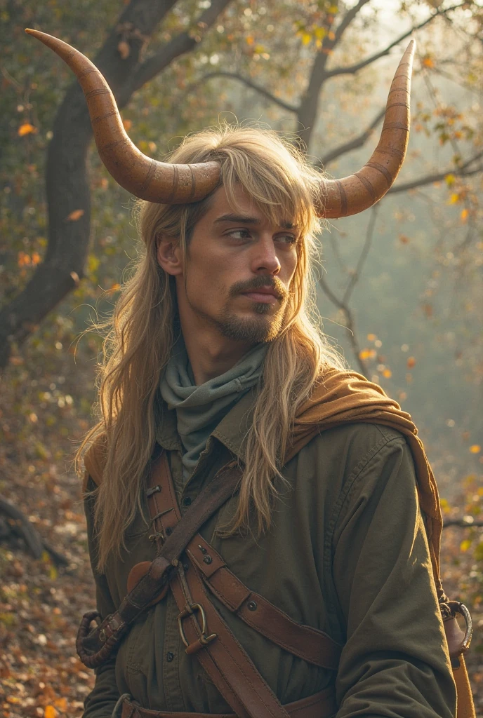 Young guy in a poncho with ram horns, naked, Blue eyes, shiny smooth skin, shoulder-length hair, Member
