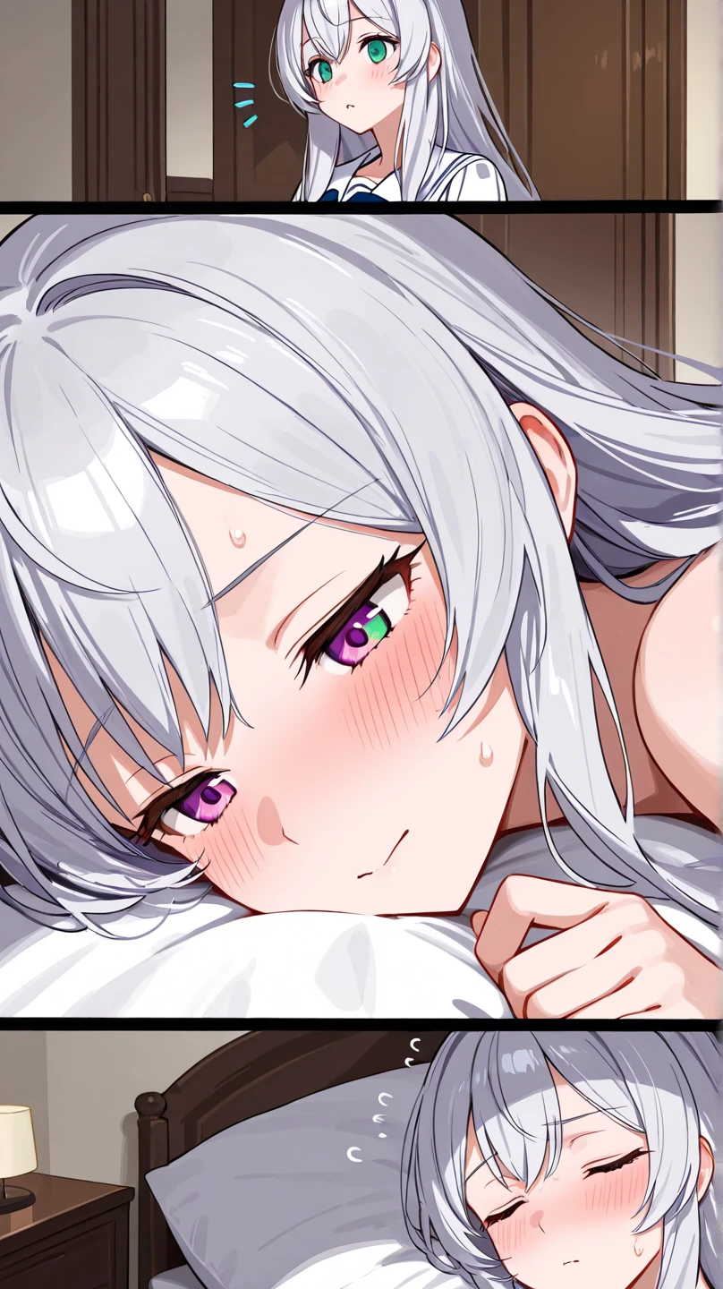 1girl, long white hair, pony tail, violet eyes, , big breasts, angel wing on back, on knees, simple white dress, doing deepthroat blowjob, suck cock, deepthroat blowjob POV, POV, indoors, bedroom