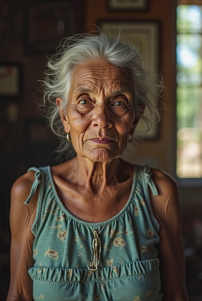 I want a realistic image of a real estate agent. She is an elderly woman with white hair and wrinkled skin. She is in Brazil, in a humble house in a favela. She is naked. 