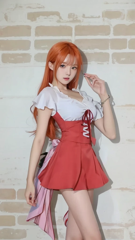 Kasumi, red hair, brown eyes, (best quality, ultra-detailed), (realistic:1.37), beautiful and detailed face, ultra-realistic texture, delicate face, delicate body, red lipstick, long-lasting colors. high definition, 8K. 
