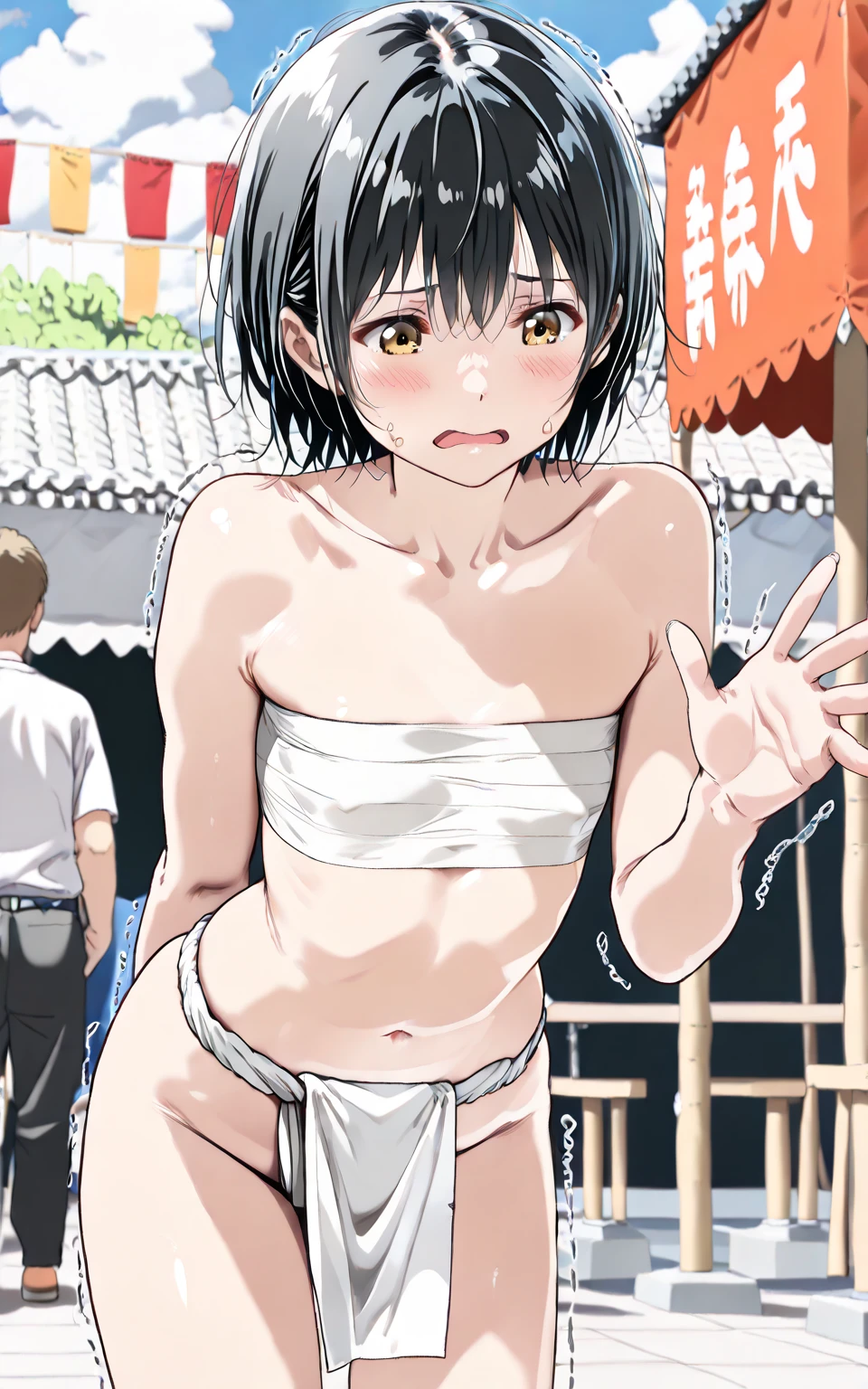 Black haired girl, bob hair, brown eyes, skinny, flat chest, pink nipples, long nipples, naked, blushing, sweating, ahegao, nervous, night time, public park, raised arms, spread legs, exhibitionism, detailed