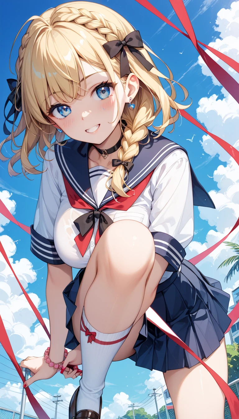 Japanese high school sailor suit, dazzling smile, high school gal, necklace, scrunchie on wrist, tan skin, blonde pigtails, attractive, leaning forward to look at you, row of cherry blossom trees, background blur