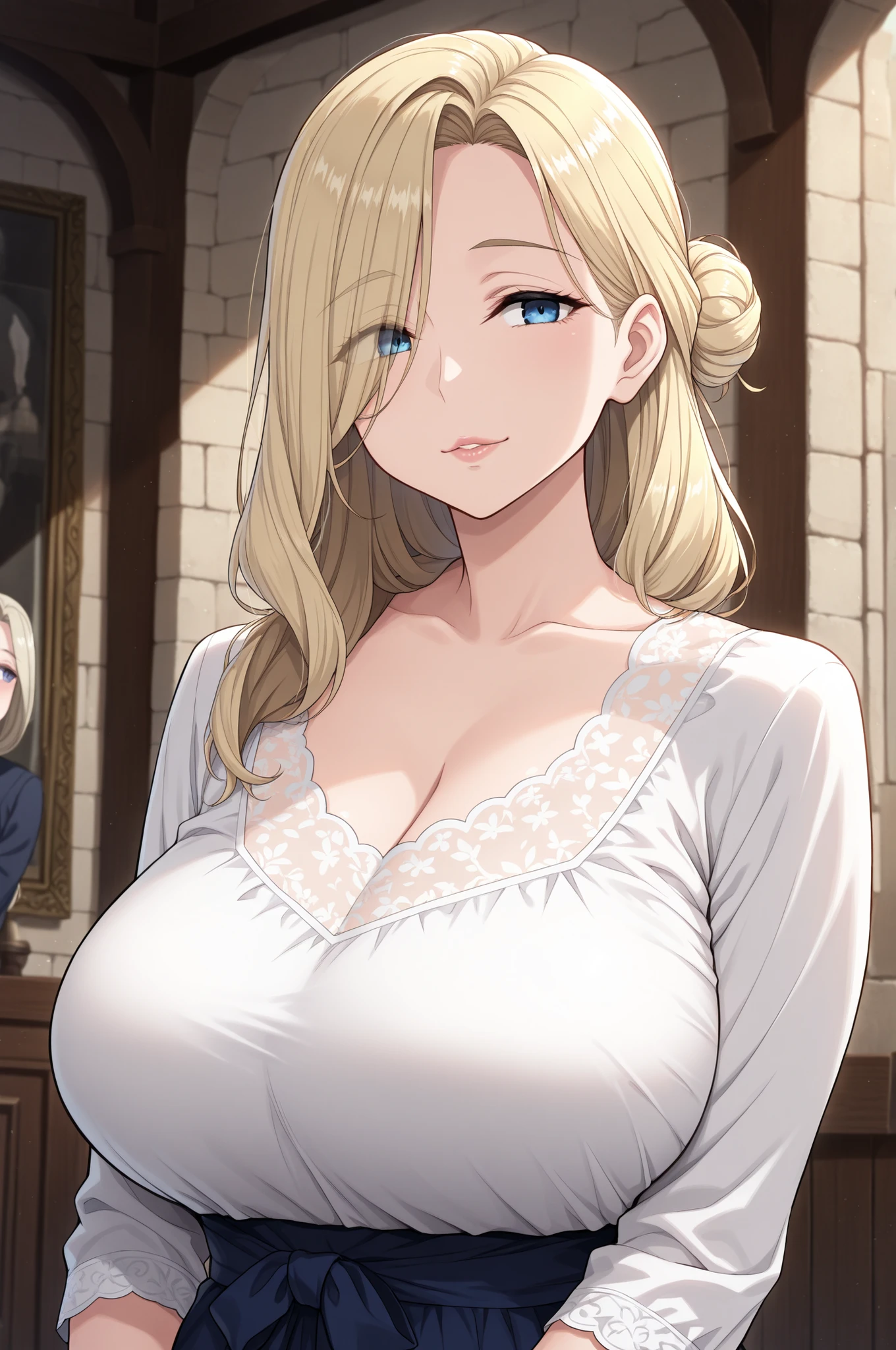 A woman wearing a white dress with silver details on the dress, blonde hair, blue eyes, in a tower of a sophisticated medieval castle, open tower overlooking a large open field and a sea in the distance, smiling, big breasts,, HDR , ultra resolution, very detailed, masterpiece, HD 8K, (solo, just one girl)
